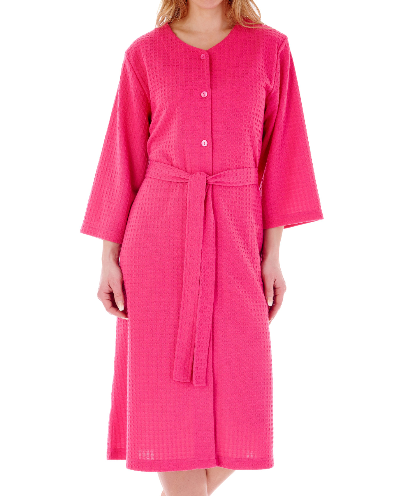 Bathrobe Womens 3/4 Sleeve Waffle Button Up Housecoat Dressing Gown Slenderella - Picture 41 of 46