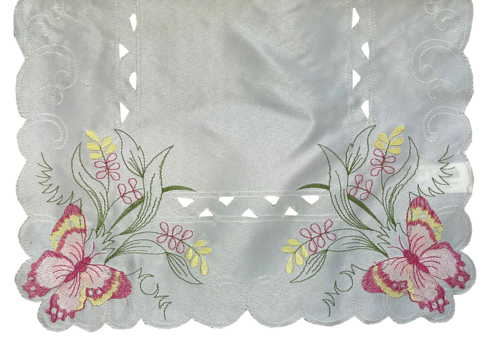 Embroidered Butterfly Flower Runner Scalloped Edge Dining Table Linen 16" x 36" - Picture 7 of 9