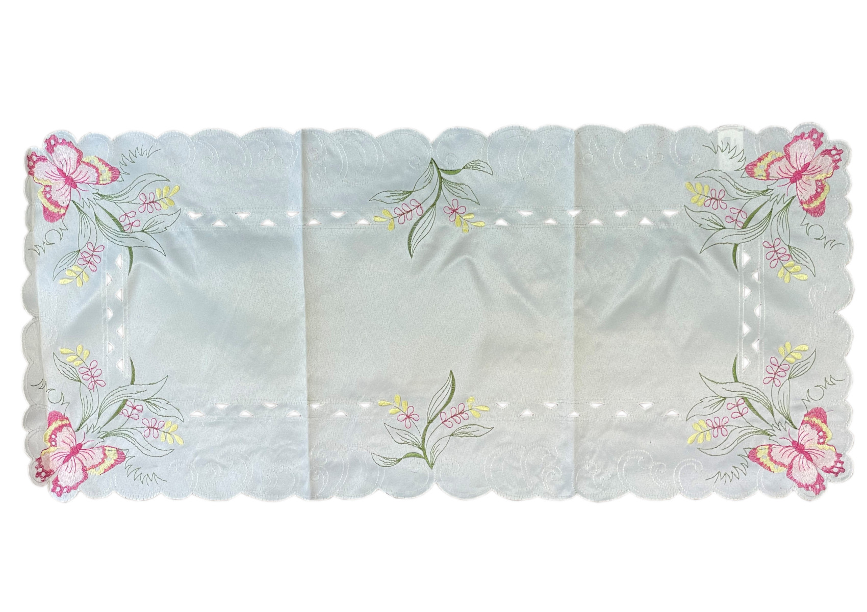 Embroidered Butterfly Flower Runner Scalloped Edge Dining Table Linen 16" x 36" - Picture 6 of 9