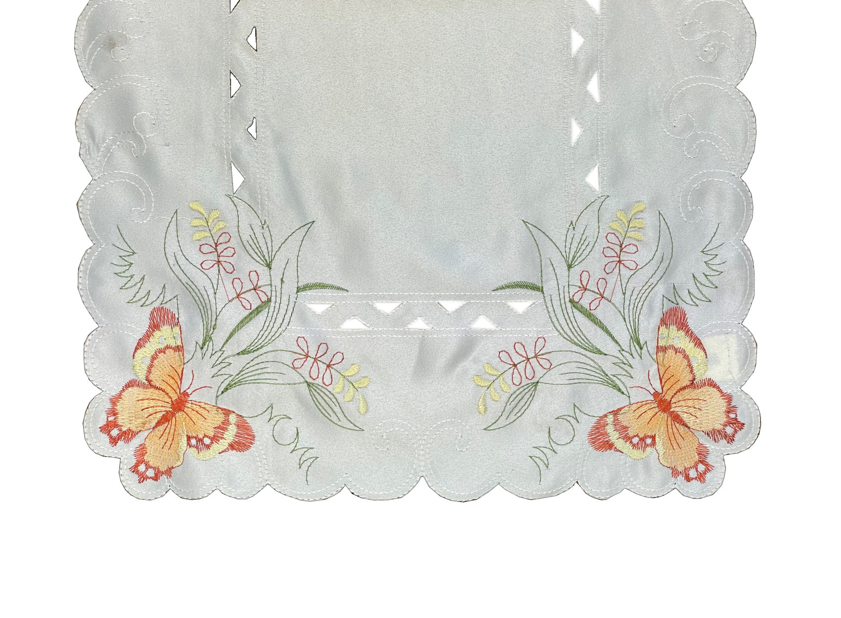 Embroidered Butterfly Flower Runner Scalloped Edge Dining Table Linen 16" x 36" - Picture 9 of 9