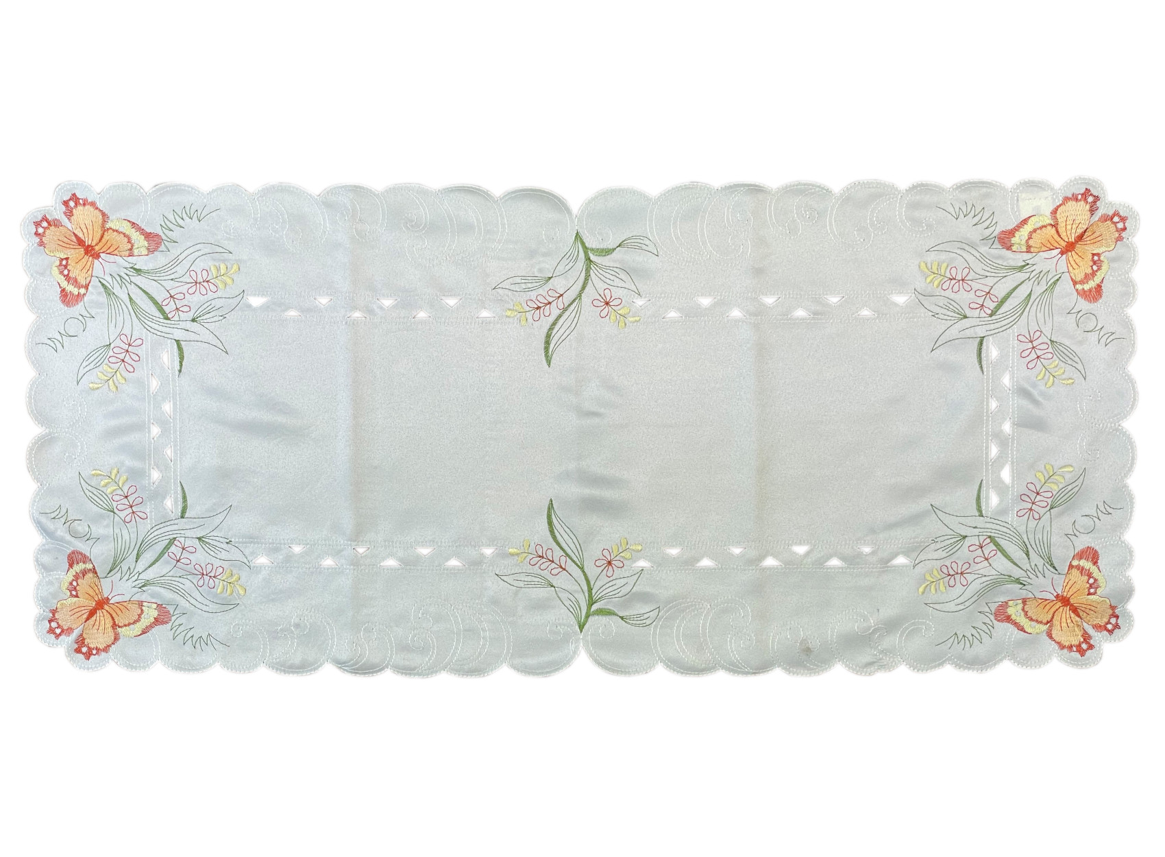 Embroidered Butterfly Flower Runner Scalloped Edge Dining Table Linen 16" x 36" - Picture 8 of 9