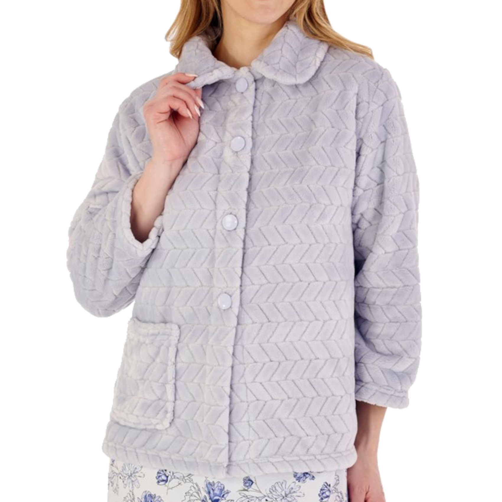 Slenderella Ladies Chevron Pattern Bed Jacket Soft Fleece Button Front Housecoat - Picture 15 of 30
