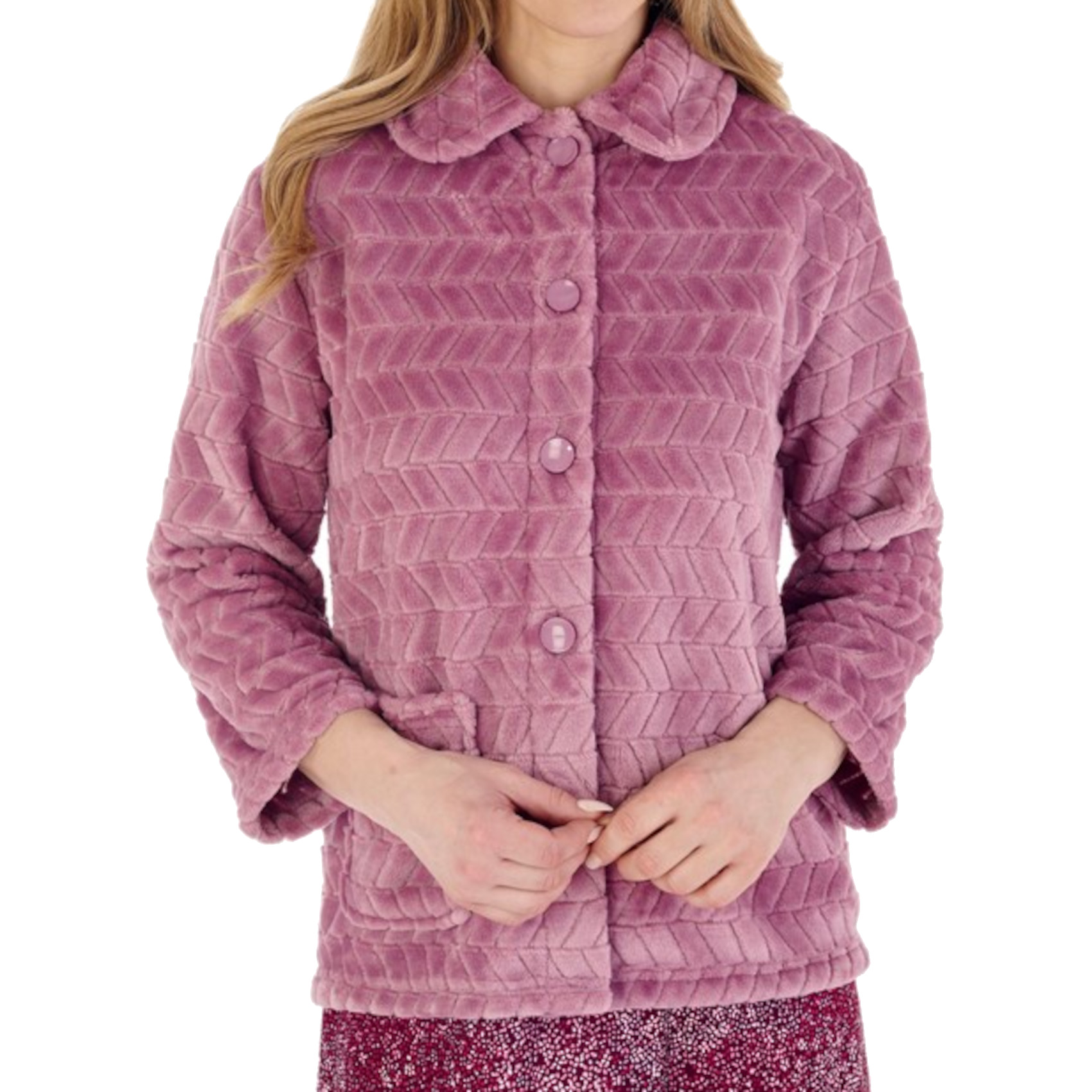 Slenderella Ladies Chevron Pattern Bed Jacket Soft Fleece Button Front Housecoat - Picture 18 of 30