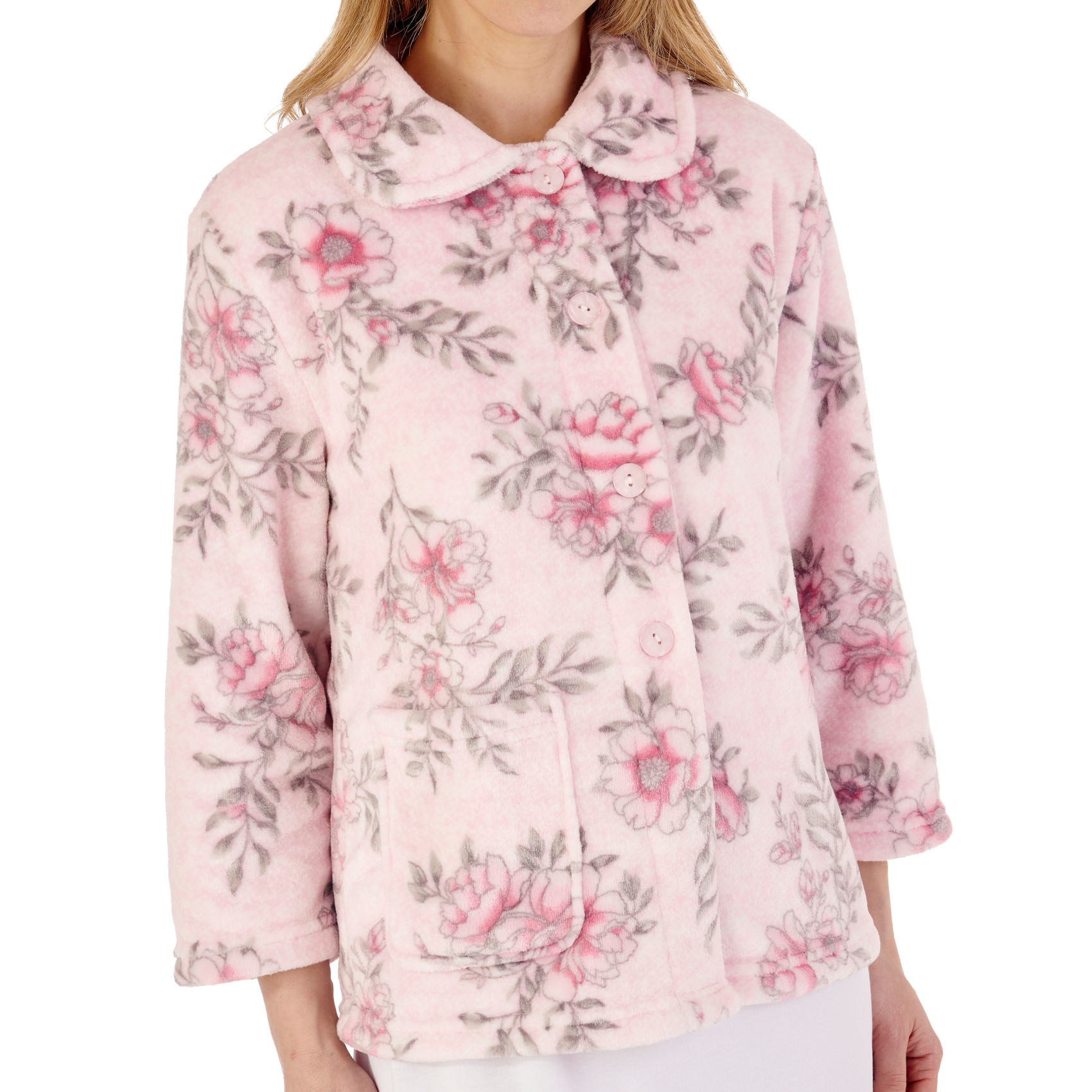 Slenderella Womens Floral Bed Jacket Soft Flannel Fleece Button Front Housecoat - Imagen 16 de 23