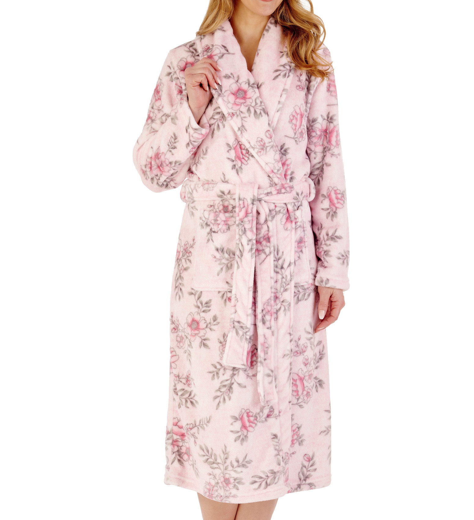Slenderella Ladies Floral Shawl Collar Dressing Gown Fleece Housecoat Wrap Robe - Picture 24 of 25