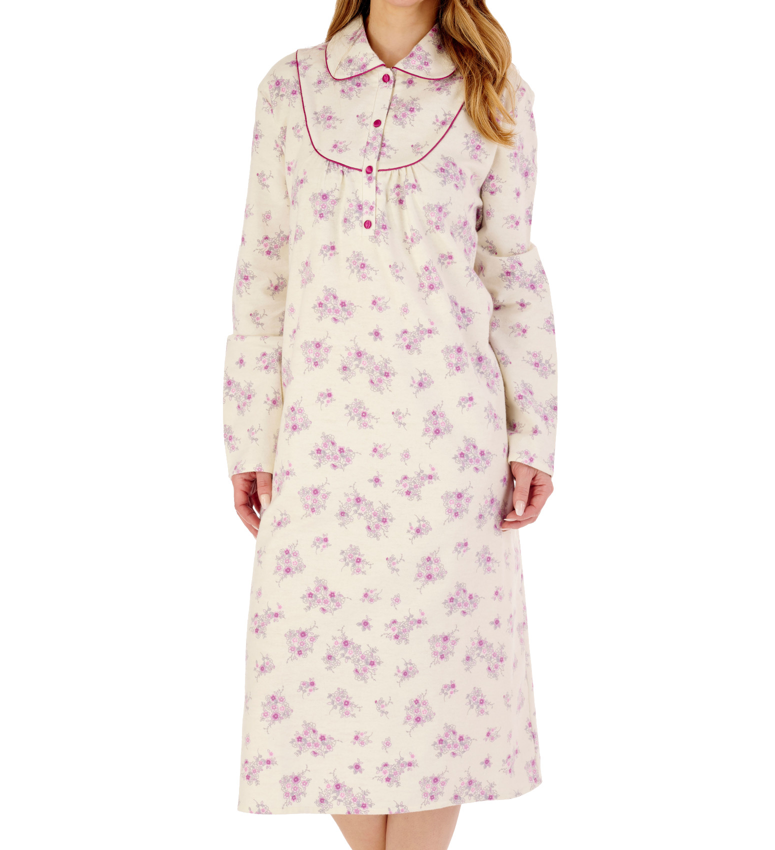 Slenderella Womens Long Sleeve Nightdress Floral Flannel Cotton Collar Nightgown - Picture 25 of 42