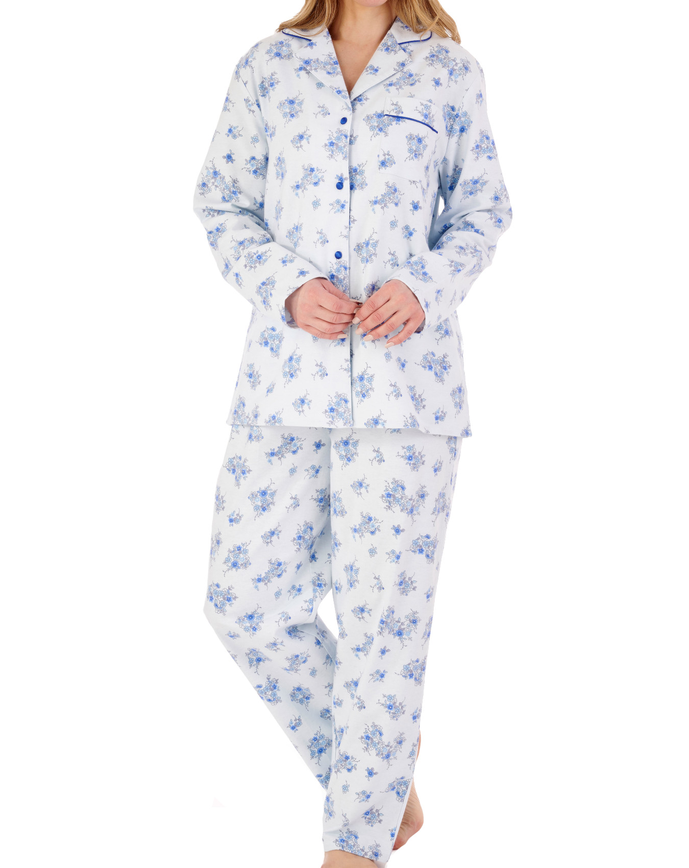Slenderella Ladies Floral Tailored Pyjamas Flannel Button Up Top & PJ Bottoms - Picture 12 of 29