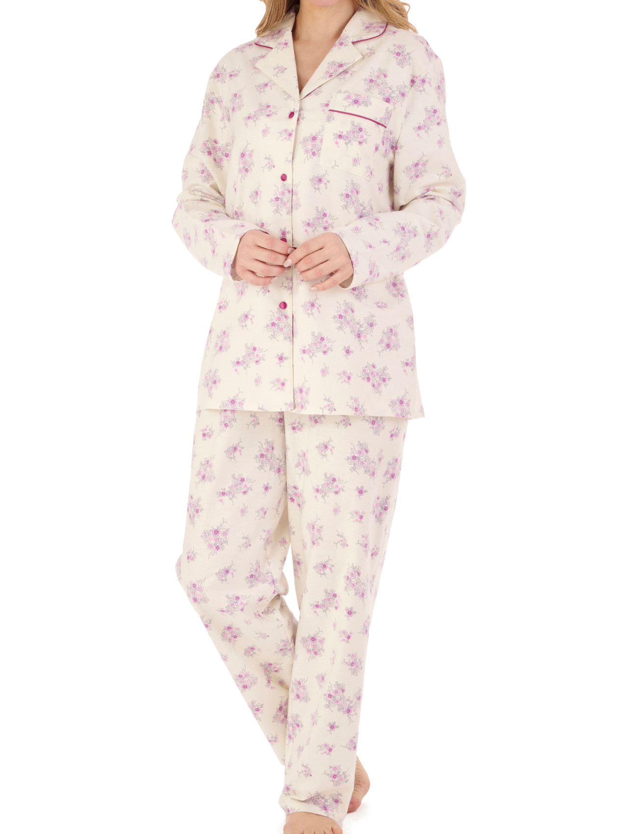 Slenderella Ladies Floral Tailored Pyjamas Flannel Button Up Top & PJ Bottoms - Picture 22 of 29