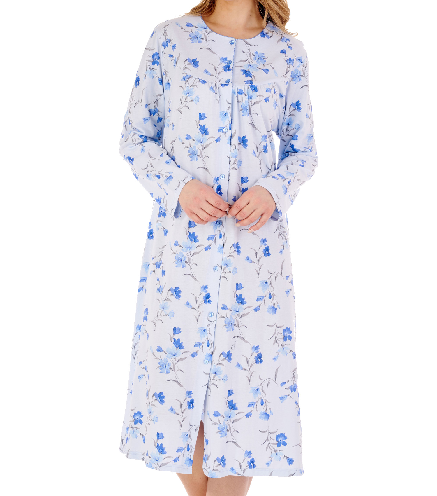 Slenderella Ladies Button Down Floral Jersey Nightdress Long Sleeved Nightgown - Picture 10 of 43
