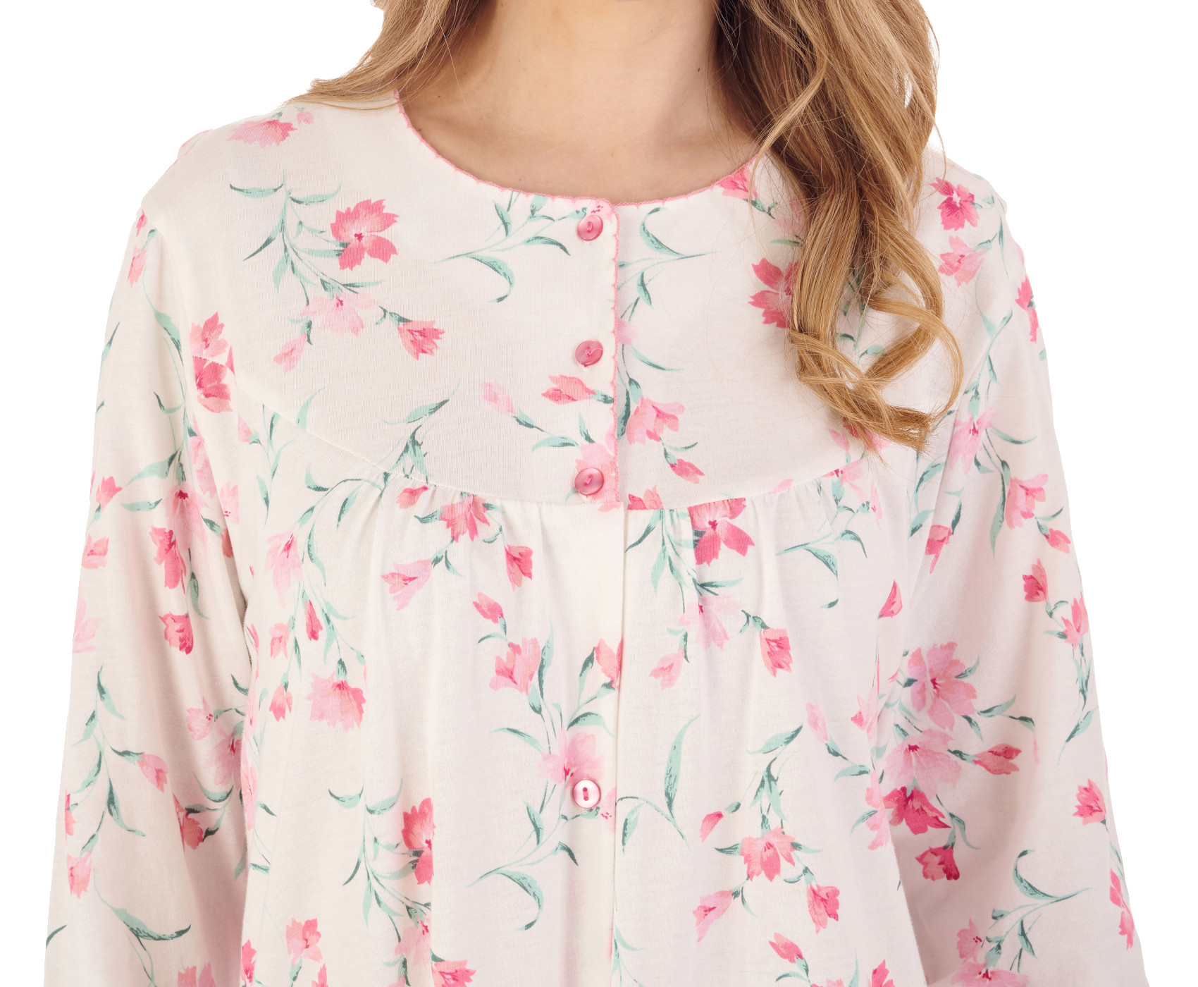 Slenderella Ladies Button Down Floral Jersey Nightdress Long Sleeved Nightgown - Picture 23 of 43