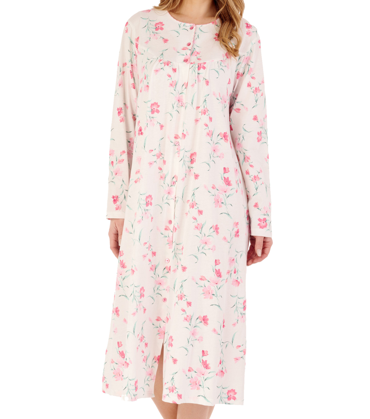 Slenderella Ladies Button Down Floral Jersey Nightdress Long Sleeved Nightgown - Picture 28 of 43