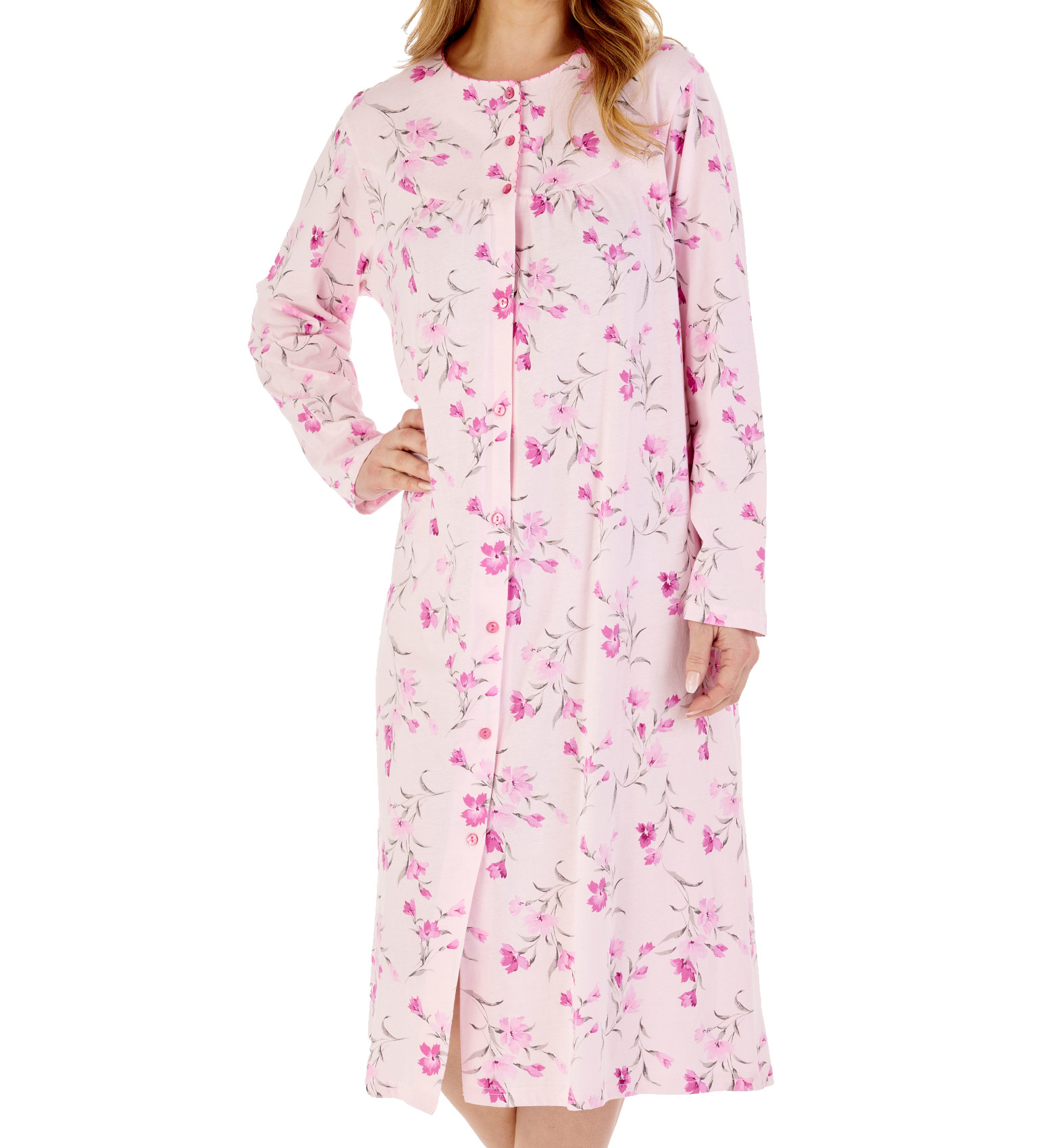 Slenderella Ladies Button Down Floral Jersey Nightdress Long Sleeved Nightgown - Picture 42 of 43