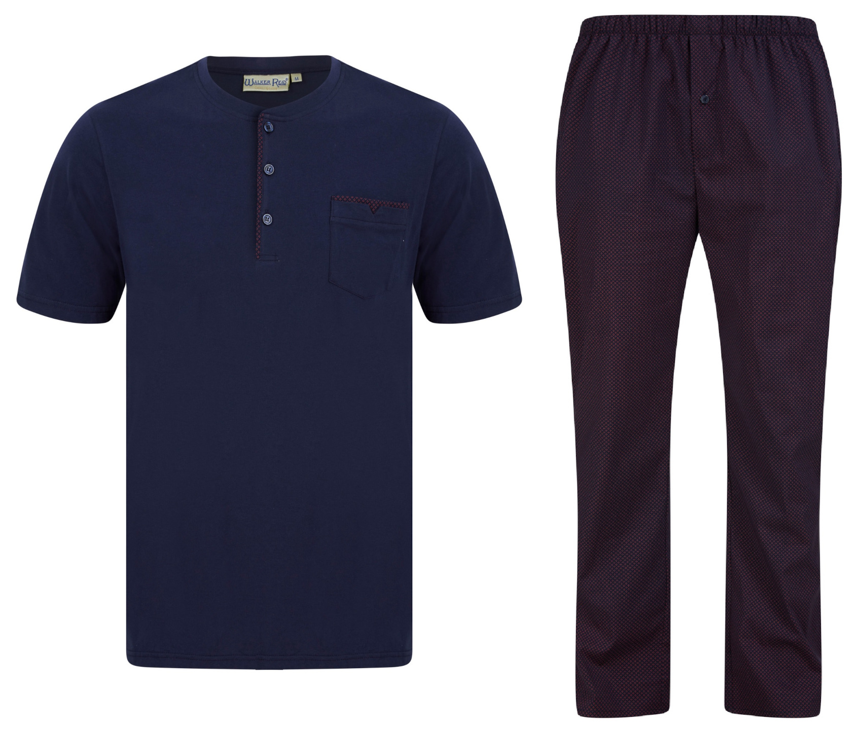 Pigiama uomo Walker Reid tinta unita maglia blu navy top e fondo pigiama rosso stampa diamanti - Foto 29 di 35