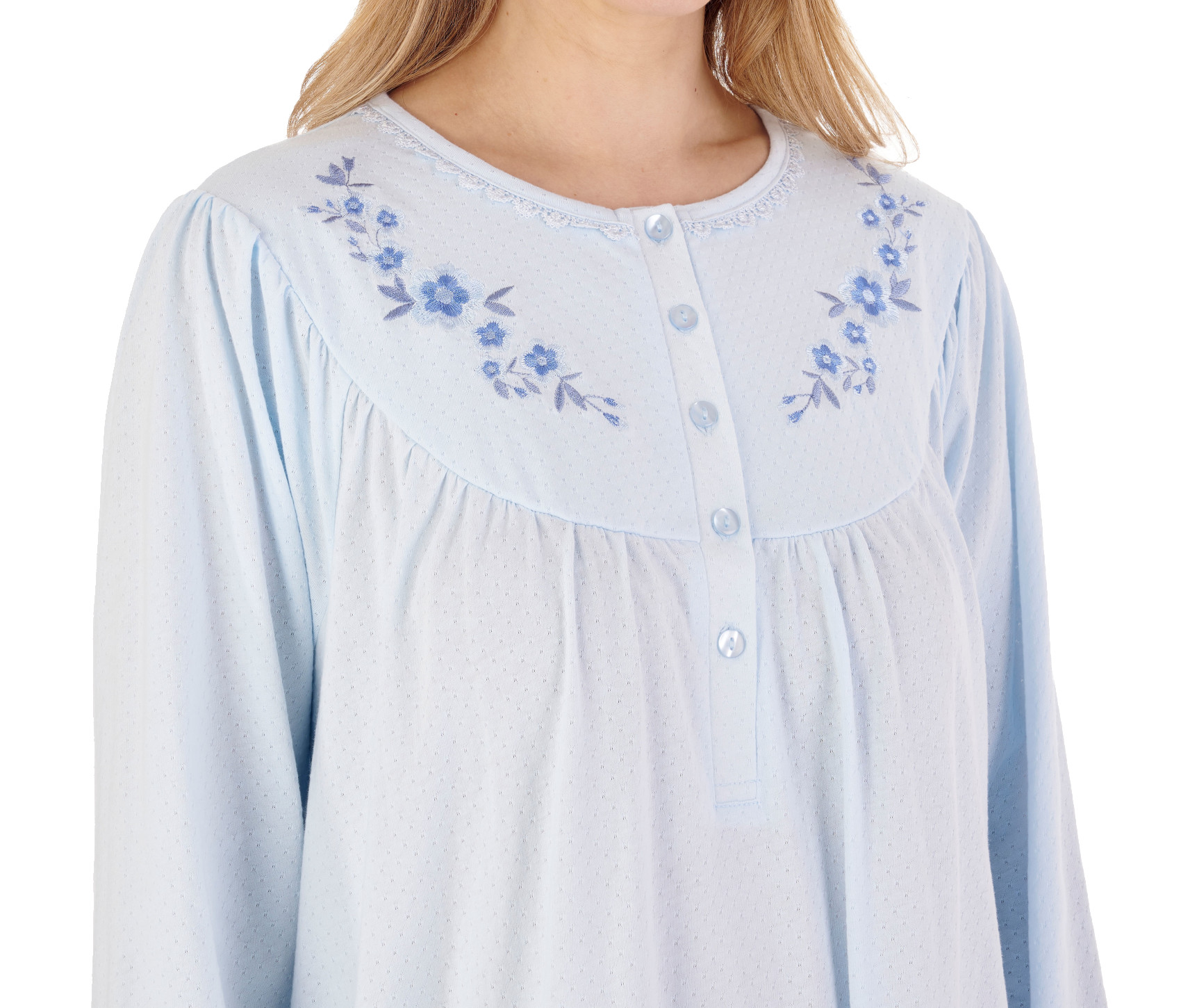 Slenderella Ladies Jacquard Jersey Nightdress Floral Detail Long Sleeve Nightie - Picture 13 of 25