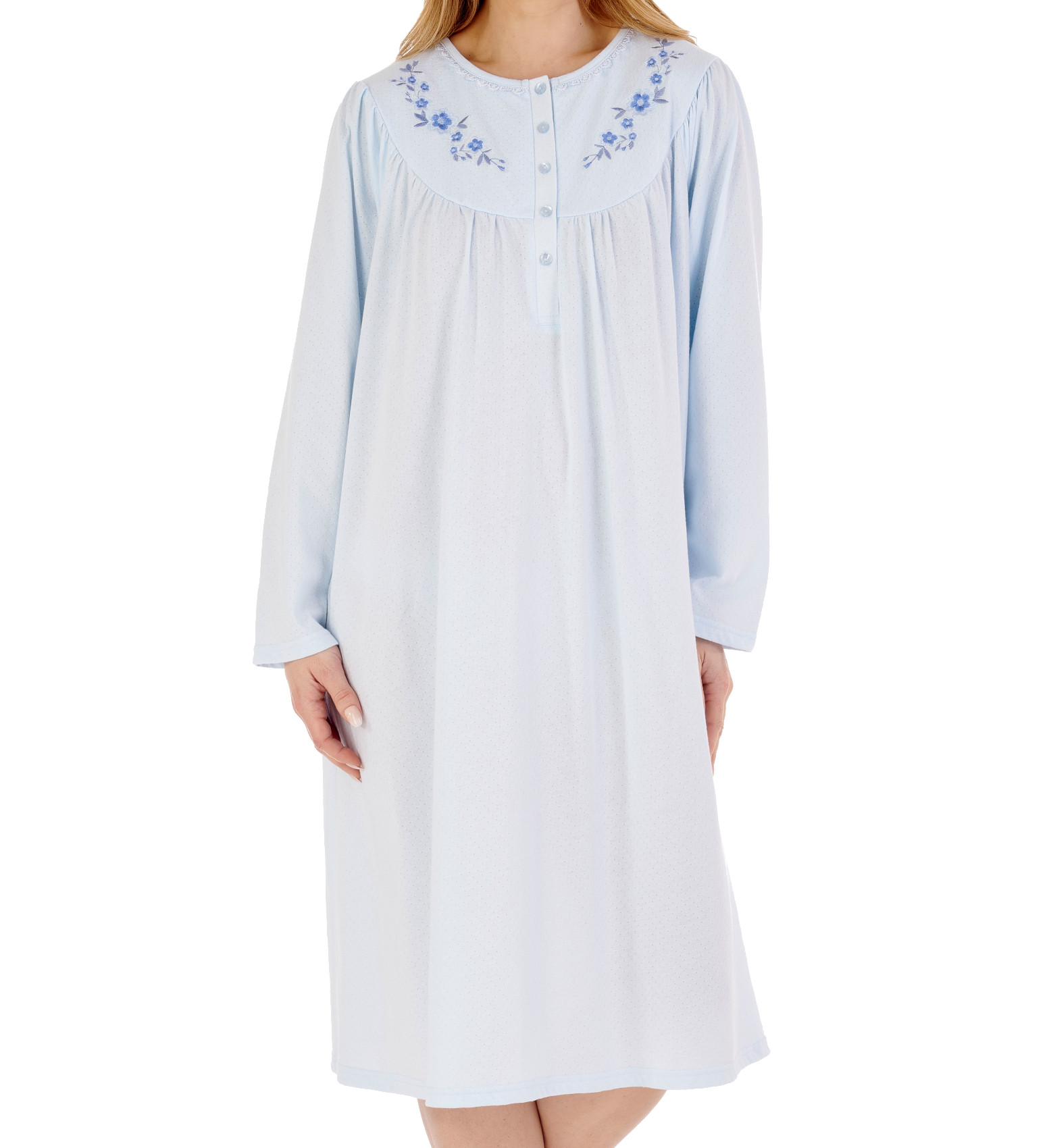 Slenderella Ladies Jacquard Jersey Nightdress Floral Detail Long Sleeve Nightie - Picture 14 of 25