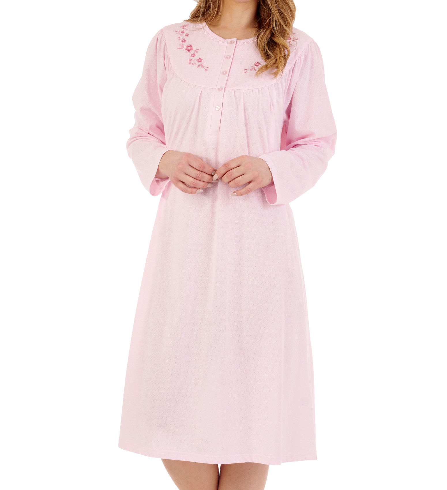 Slenderella Ladies Jacquard Jersey Nightdress Floral Detail Long Sleeve Nightie - Picture 18 of 25