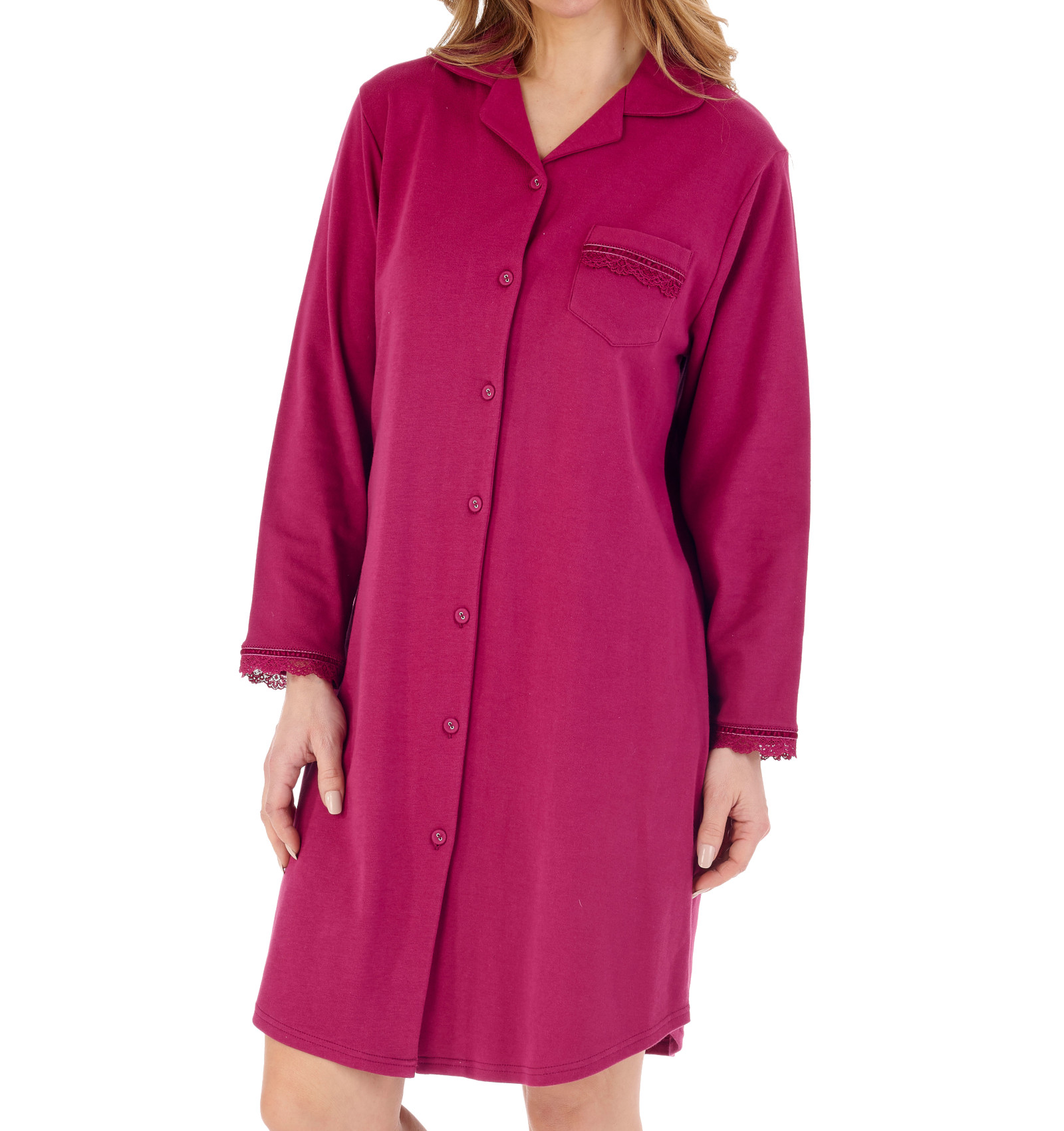 Slenderella Ladies Plain Nightshirt Cotton Interlock Button Up Lace Trim Nightie - Picture 12 of 21