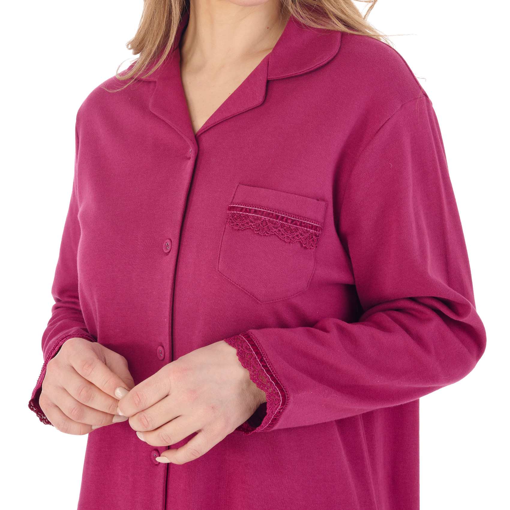 Slenderella Ladies Plain Nightshirt Cotton Interlock Button Up Lace Trim Nightie - Picture 13 of 21