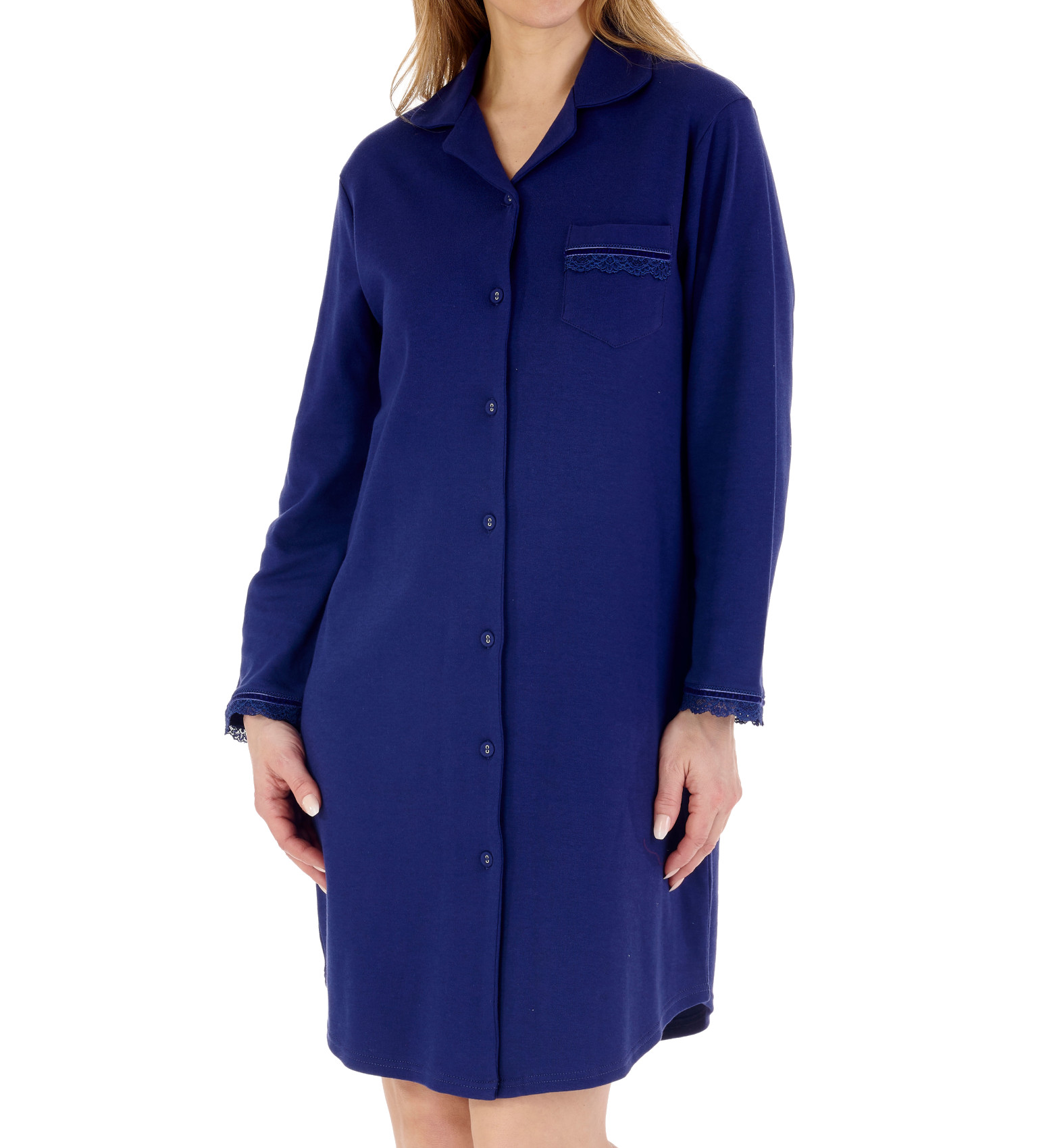 Slenderella Ladies Plain Nightshirt Cotton Interlock Button Up Lace Trim Nightie - Picture 18 of 21