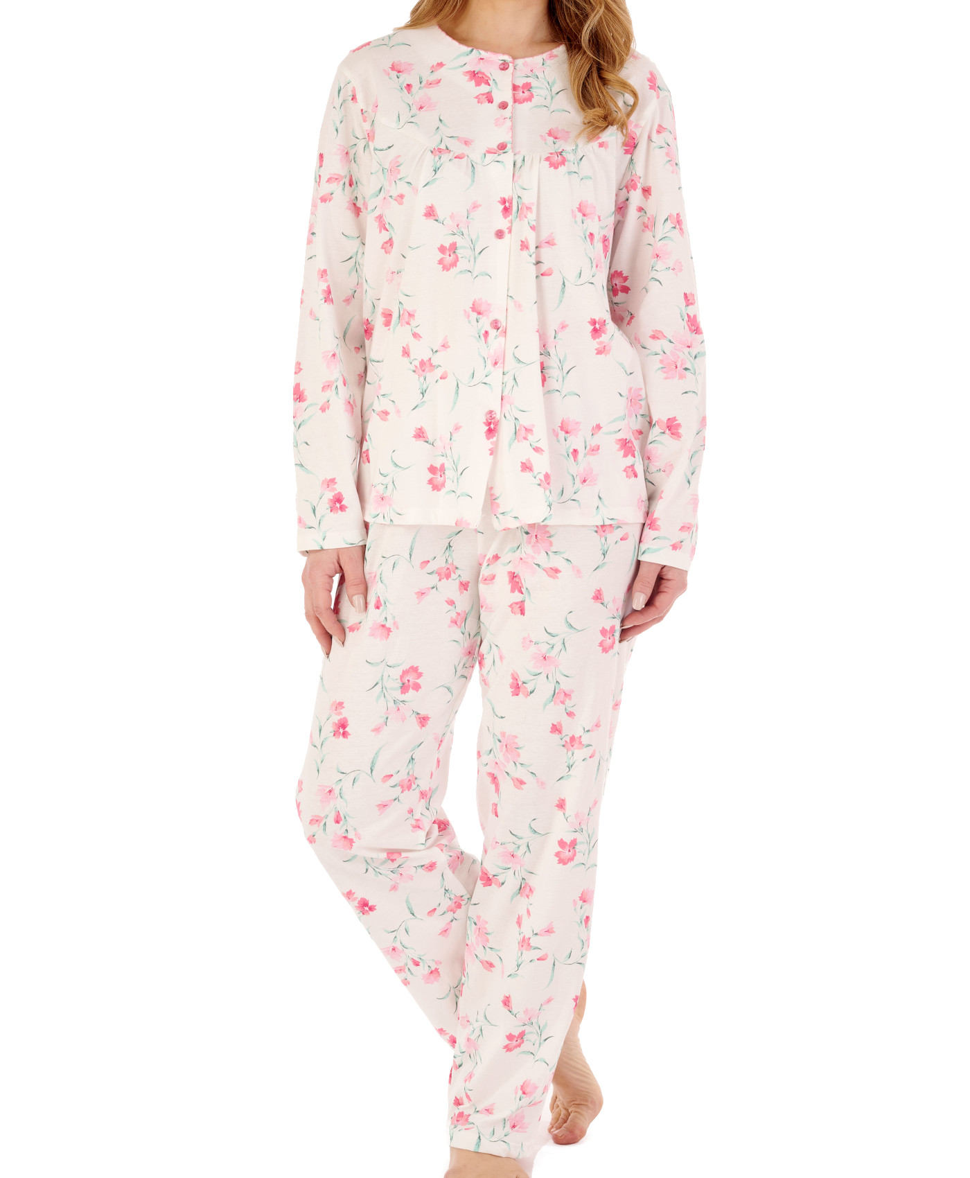 Slenderella Ladies Floral Pyjamas Cotton Jersey Button Up Top & PJ Bottoms Set - Picture 30 of 43