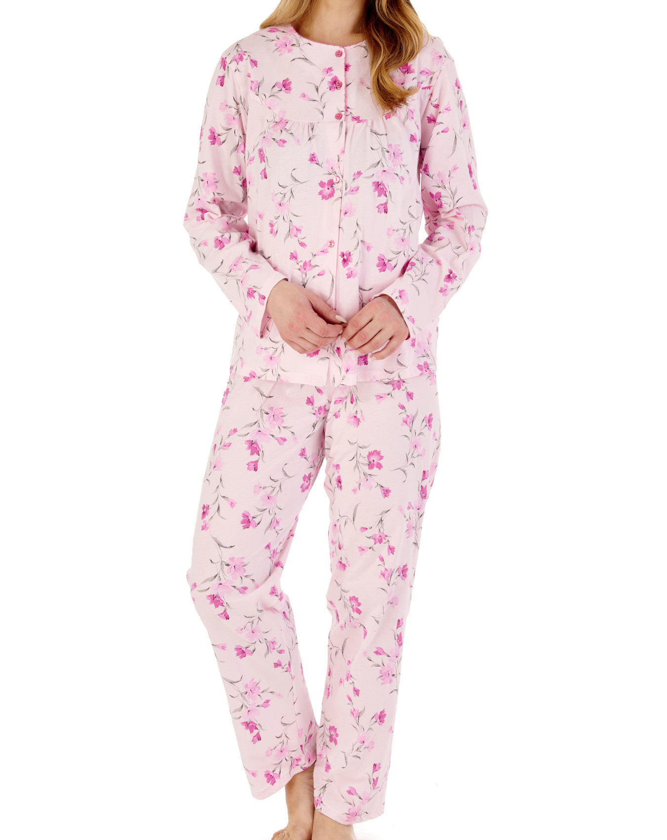 Slenderella Ladies Floral Pyjamas Cotton Jersey Button Up Top & PJ Bottoms Set - Picture 32 of 43