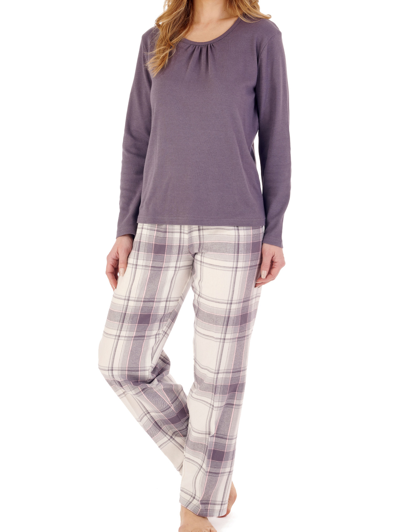 Slenderella Ladies Cotton Pyjamas Plain Jersey Top Flannel Check PJ Bottoms Set - Picture 8 of 17
