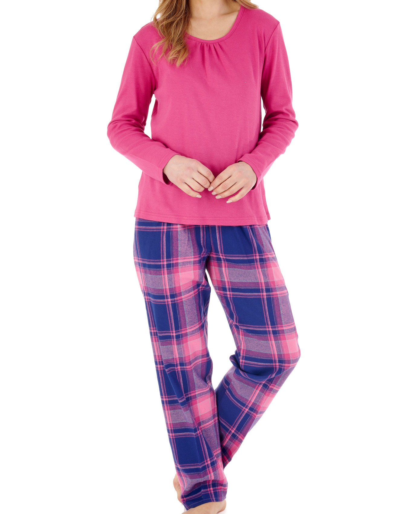 Slenderella Ladies Cotton Pyjamas Plain Jersey Top Flannel Check PJ Bottoms Set - Picture 14 of 17