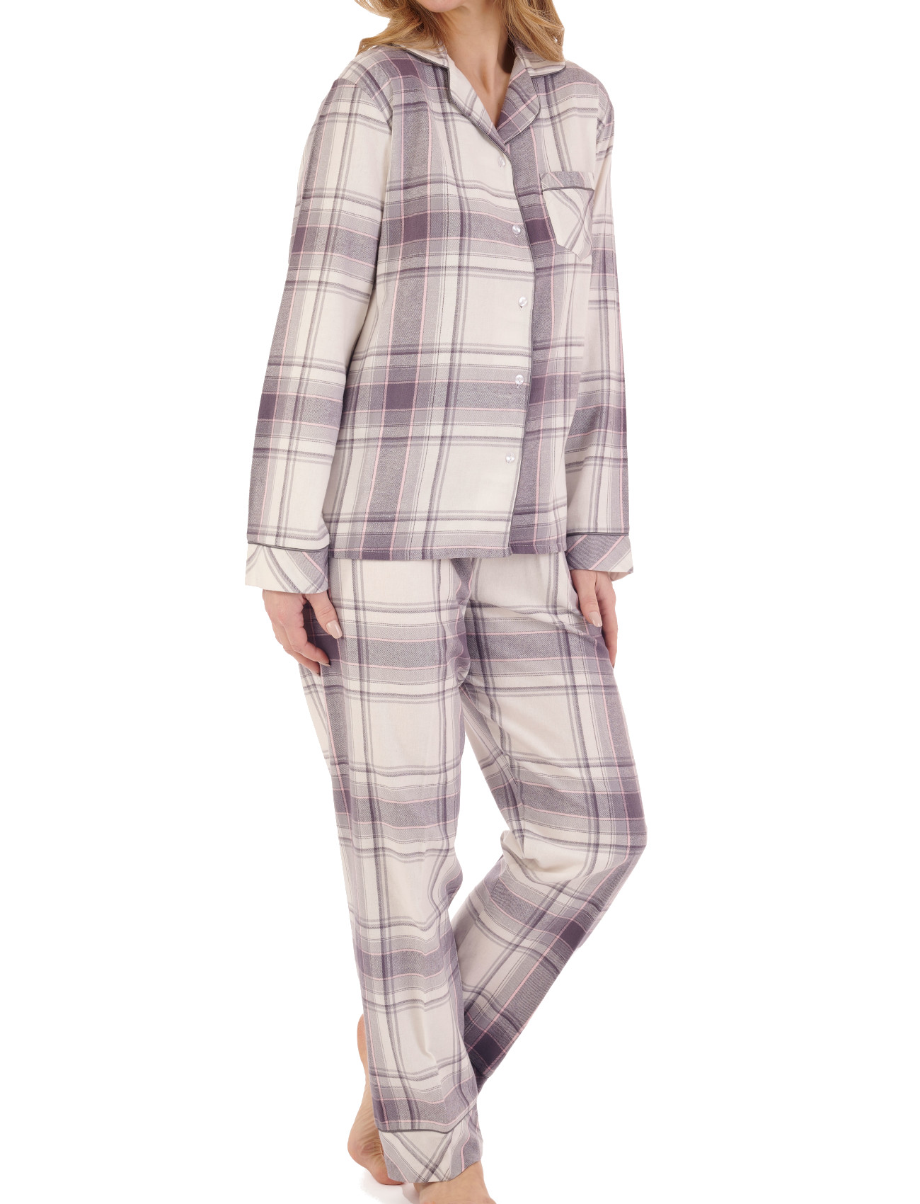 Slenderella Ladies Checked Pyjamas Button Up Top & PJ Bottoms Brushed Cotton Set - Picture 10 of 21