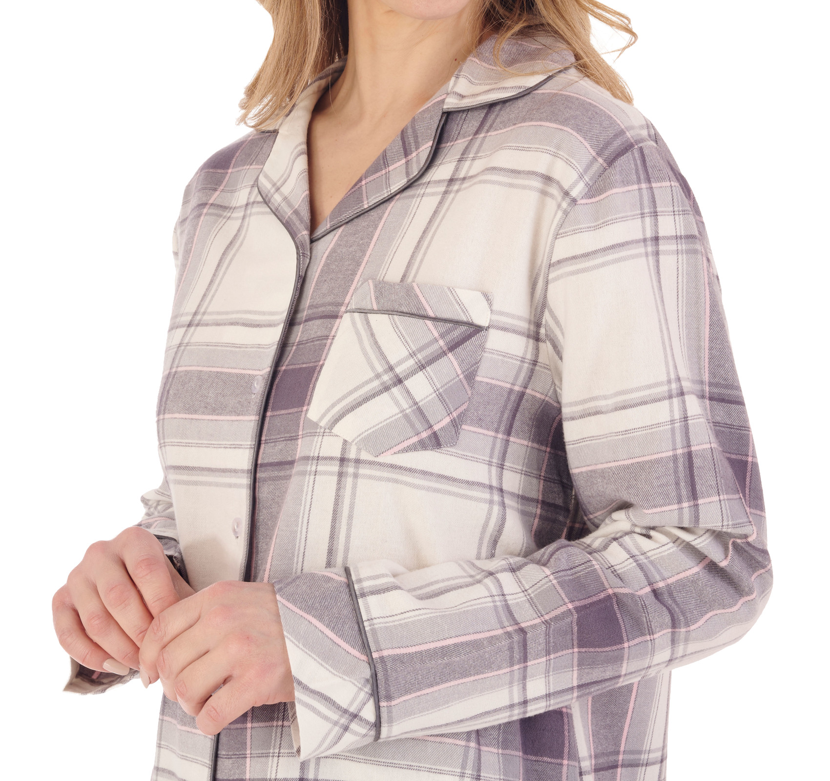 Slenderella Ladies Checked Pyjamas Button Up Top & PJ Bottoms Brushed Cotton Set - Picture 13 of 21