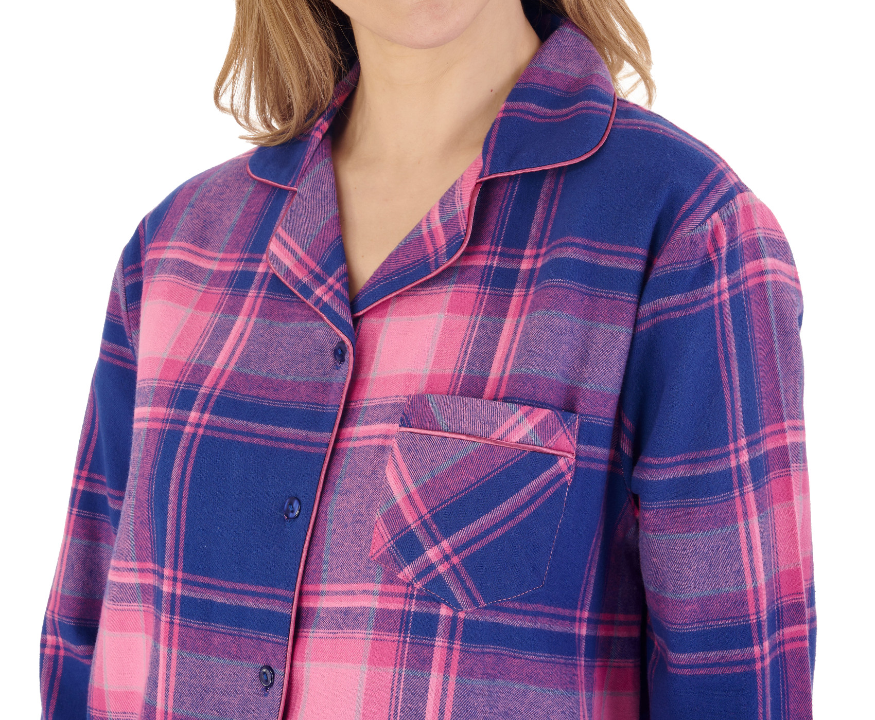 Slenderella Ladies Checked Pyjamas Button Up Top & PJ Bottoms Brushed Cotton Set - Picture 15 of 21