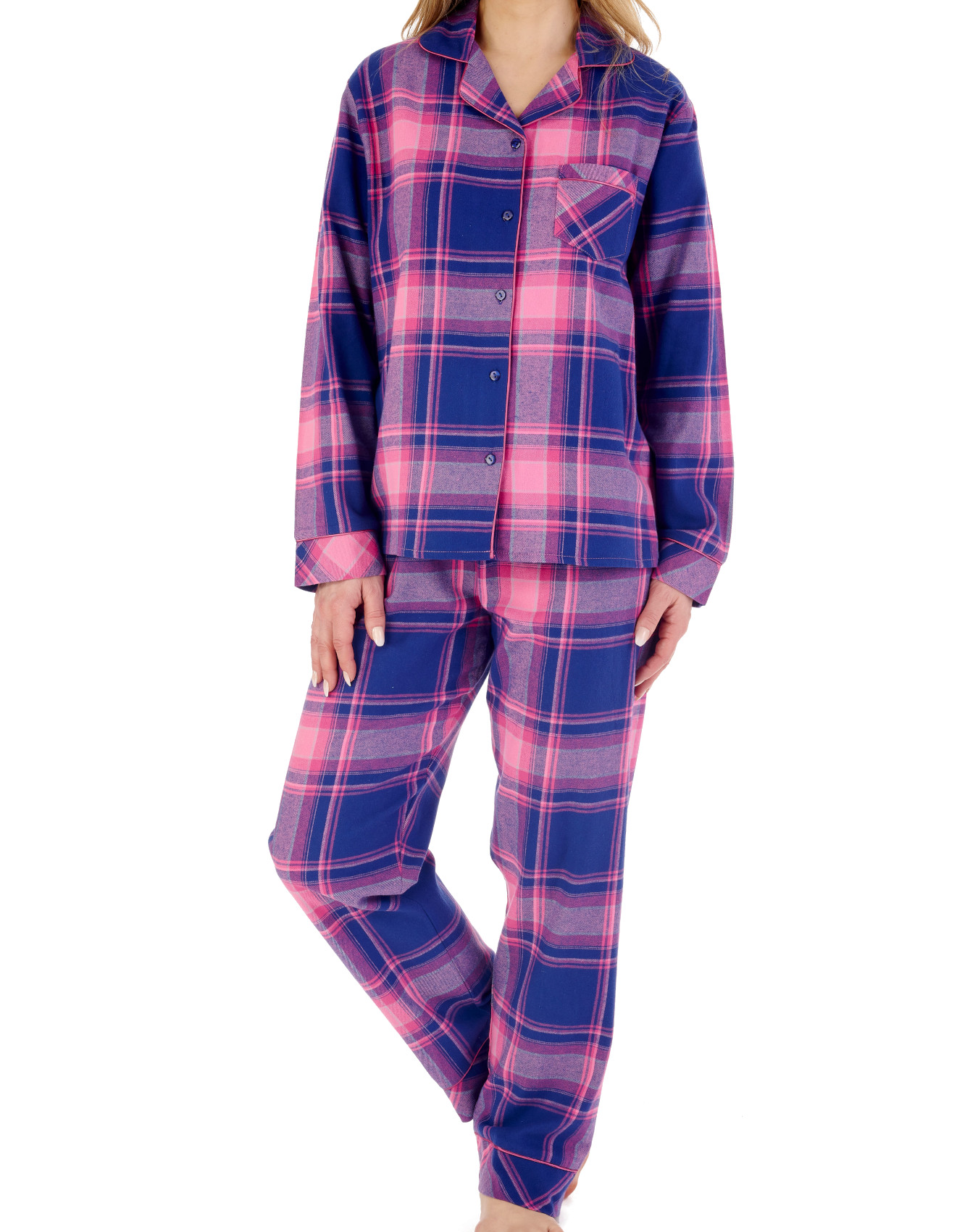 Slenderella Ladies Checked Pyjamas Button Up Top & PJ Bottoms Brushed Cotton Set - Picture 18 of 21