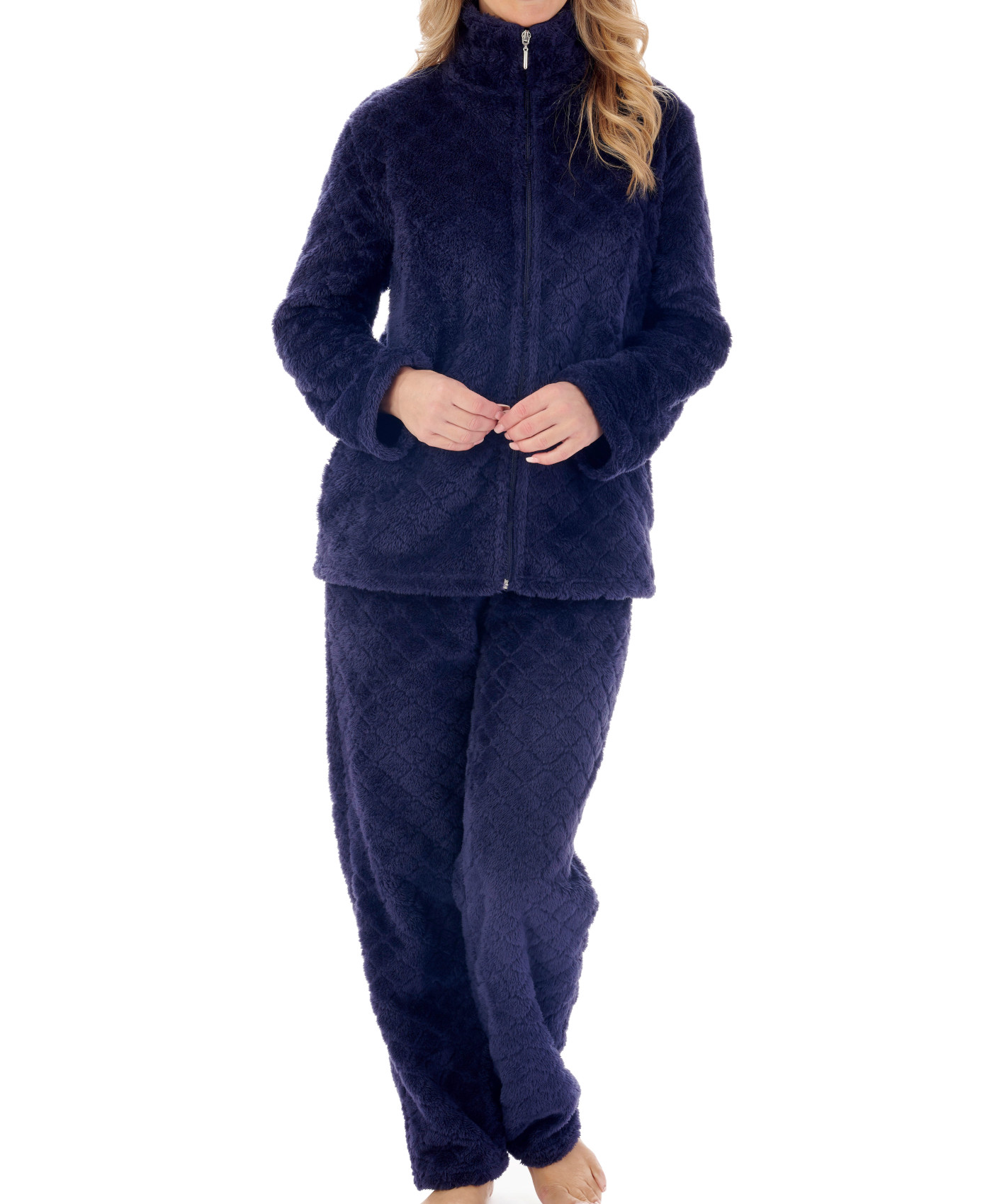 Ladies Diamond Fleece Zip Up Bed Jacket Lounge Pants or Pyjama Set Slenderella - Picture 18 of 31