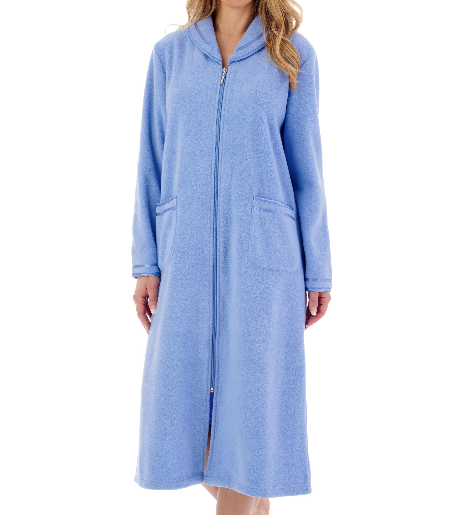 Morgenmantel Damen Reißverschluss Anti Pill Fleece Slenderella Satinbesatz Bademantel - Bild 10 von 46