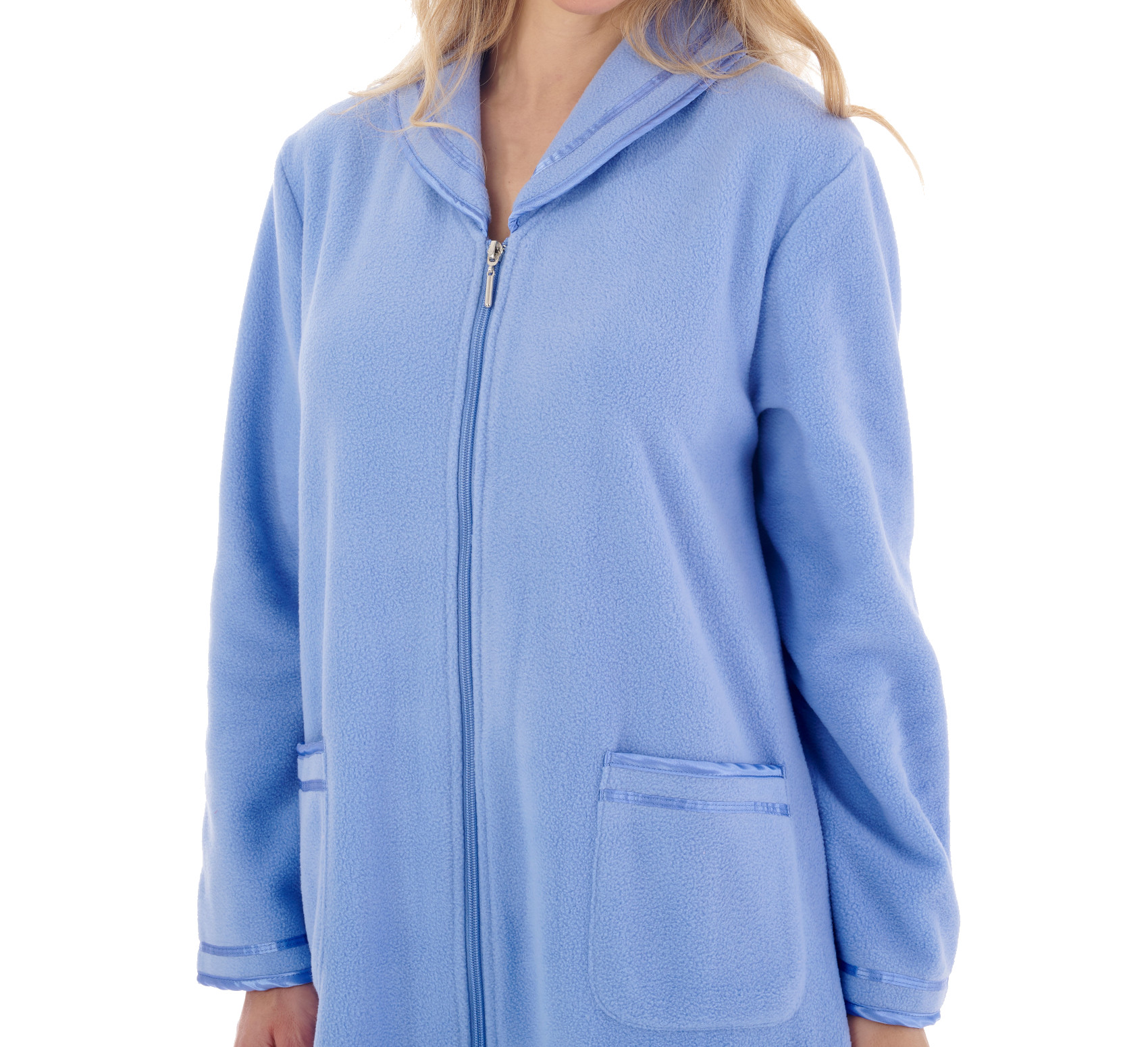 Morgenmantel Damen Reißverschluss Anti Pill Fleece Slenderella Satinbesatz Bademantel - Bild 11 von 46