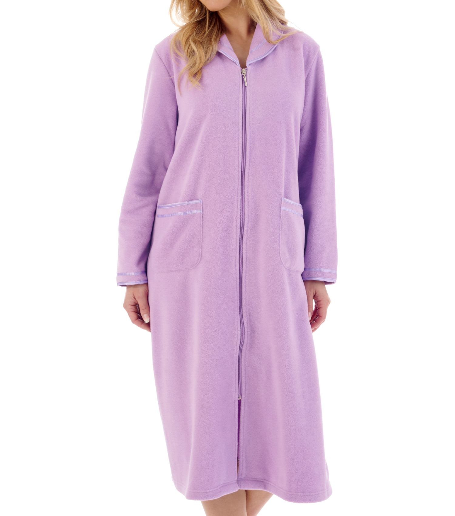 Morgenmantel Damen Reißverschluss Anti Pill Fleece Slenderella Satinbesatz Bademantel - Bild 22 von 46