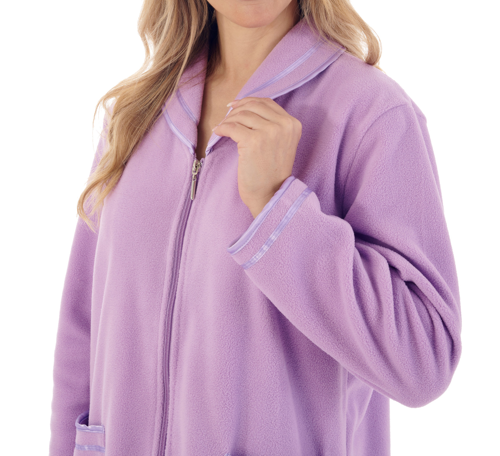 Morgenmantel Damen Reißverschluss Anti Pill Fleece Slenderella Satinbesatz Bademantel - Bild 33 von 46