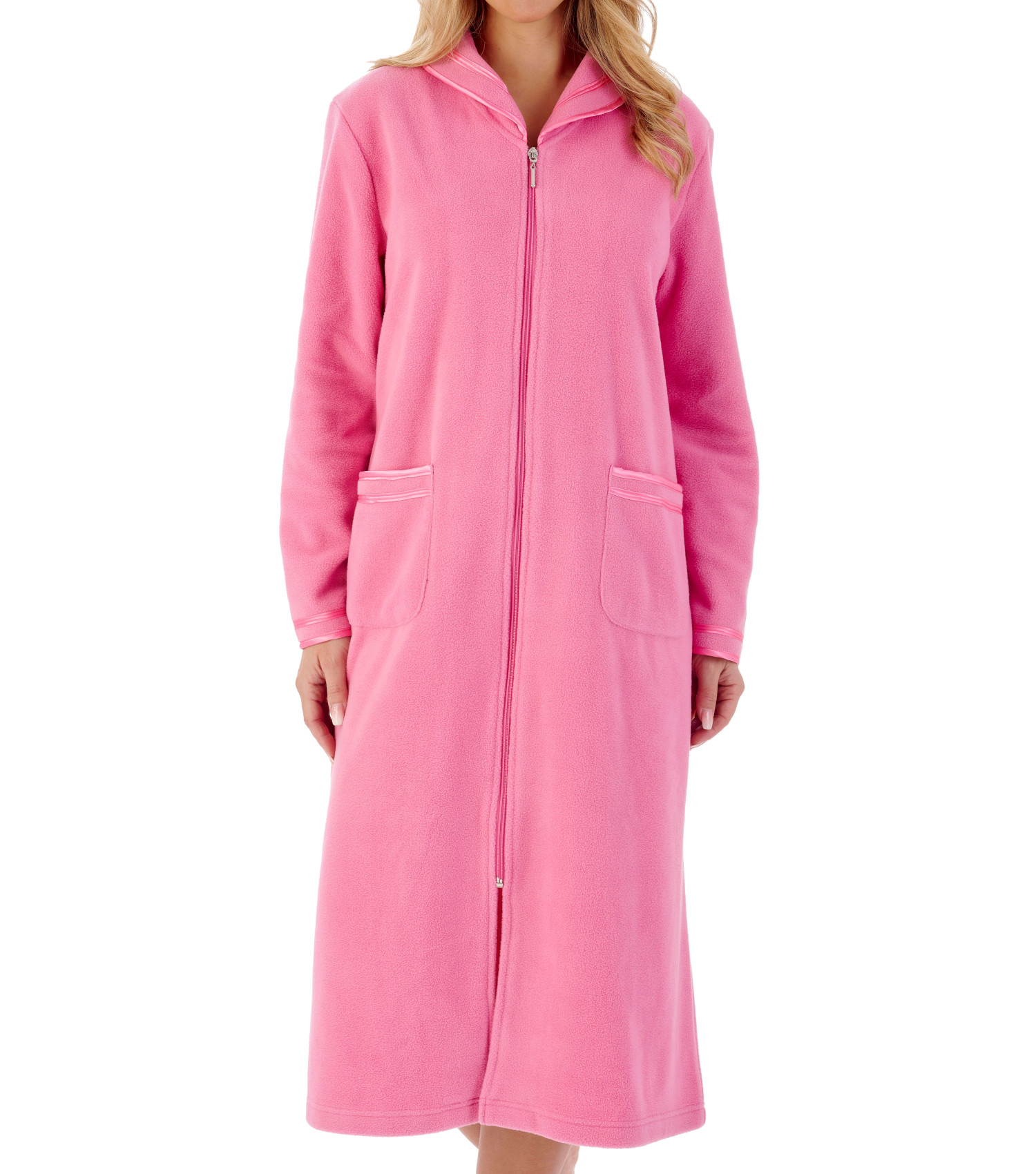 Morgenmantel Damen Reißverschluss Anti Pill Fleece Slenderella Satinbesatz Bademantel - Bild 40 von 46