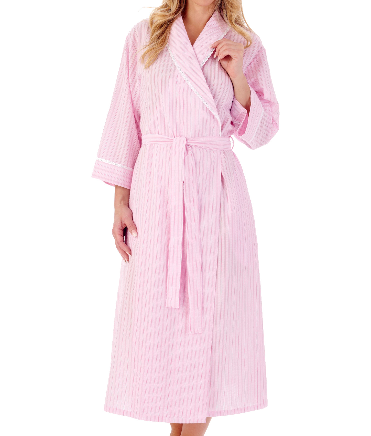 Slenderella Ladies Seersucker Stripe Robe Lightweight Shawl Collar Dressing Gown