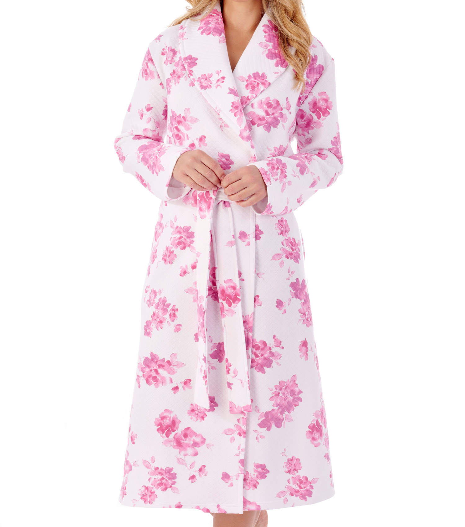 Slenderella Ladies Bold Floral Dressing Gown Mock Quilt Shawl Collar Wrap Robe - Picture 16 of 25