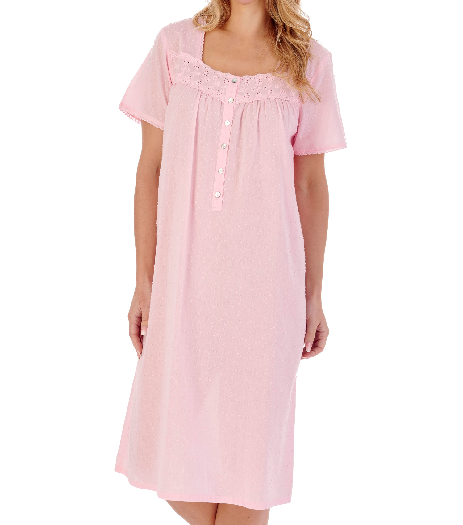 Slenderella Ladies Dobby Cotton Nightdress Short Sleeve Broderie Trim Nightie - Picture 20 of 37