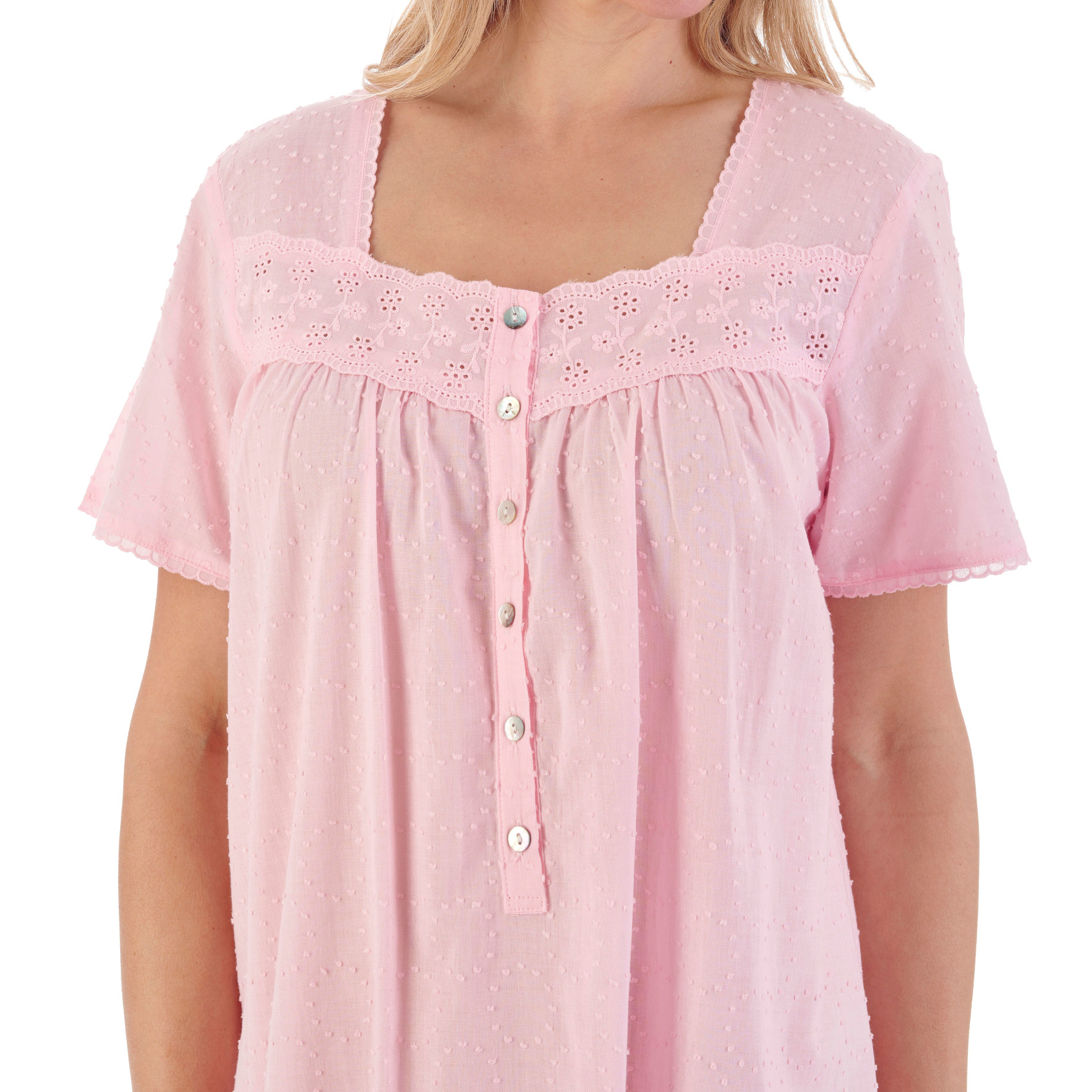Slenderella Ladies Dobby Cotton Nightdress Short Sleeve Broderie Trim Nightie - Picture 21 of 37