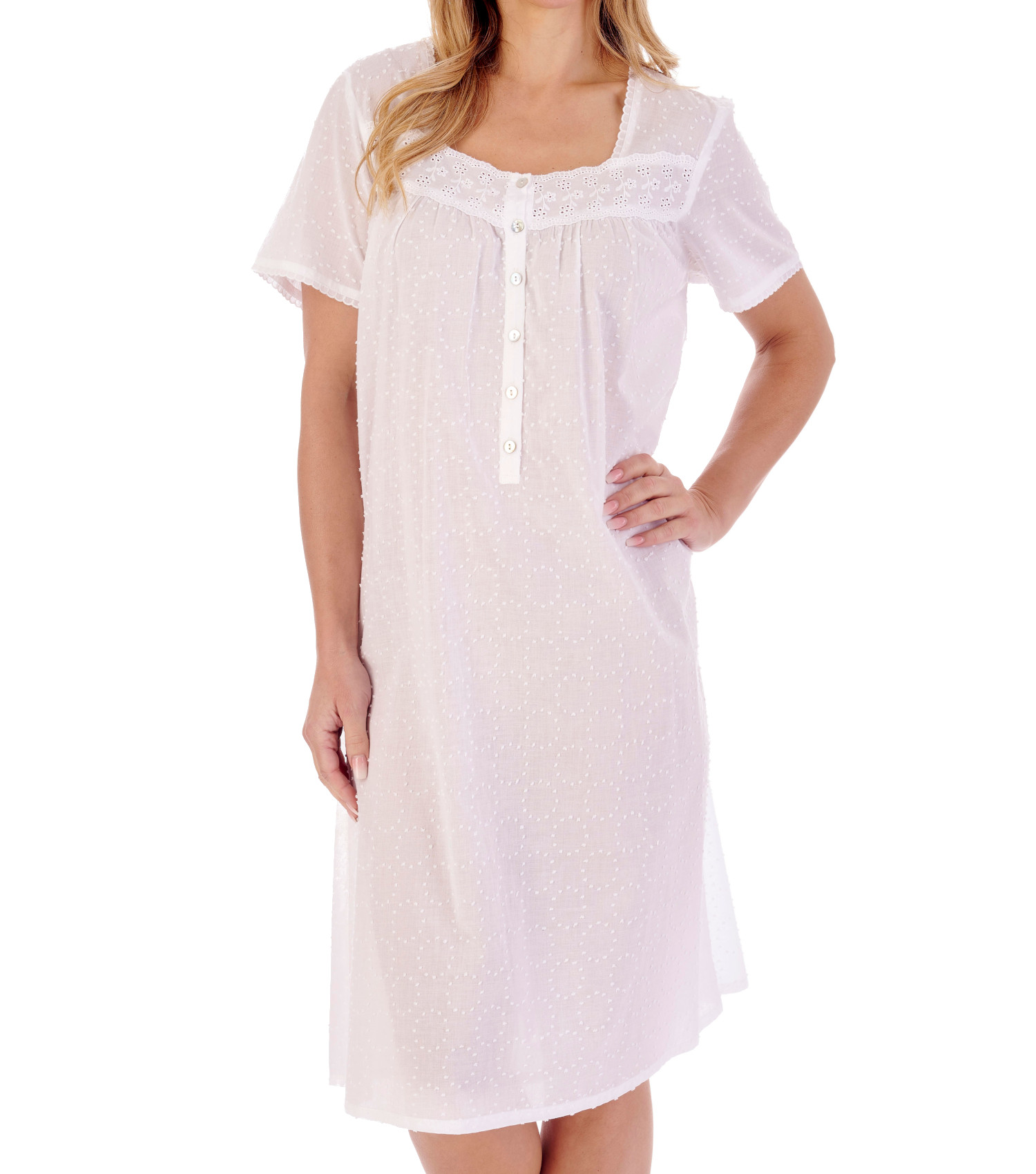 Slenderella Ladies Dobby Cotton Nightdress Short Sleeve Broderie Trim Nightie - Picture 30 of 37
