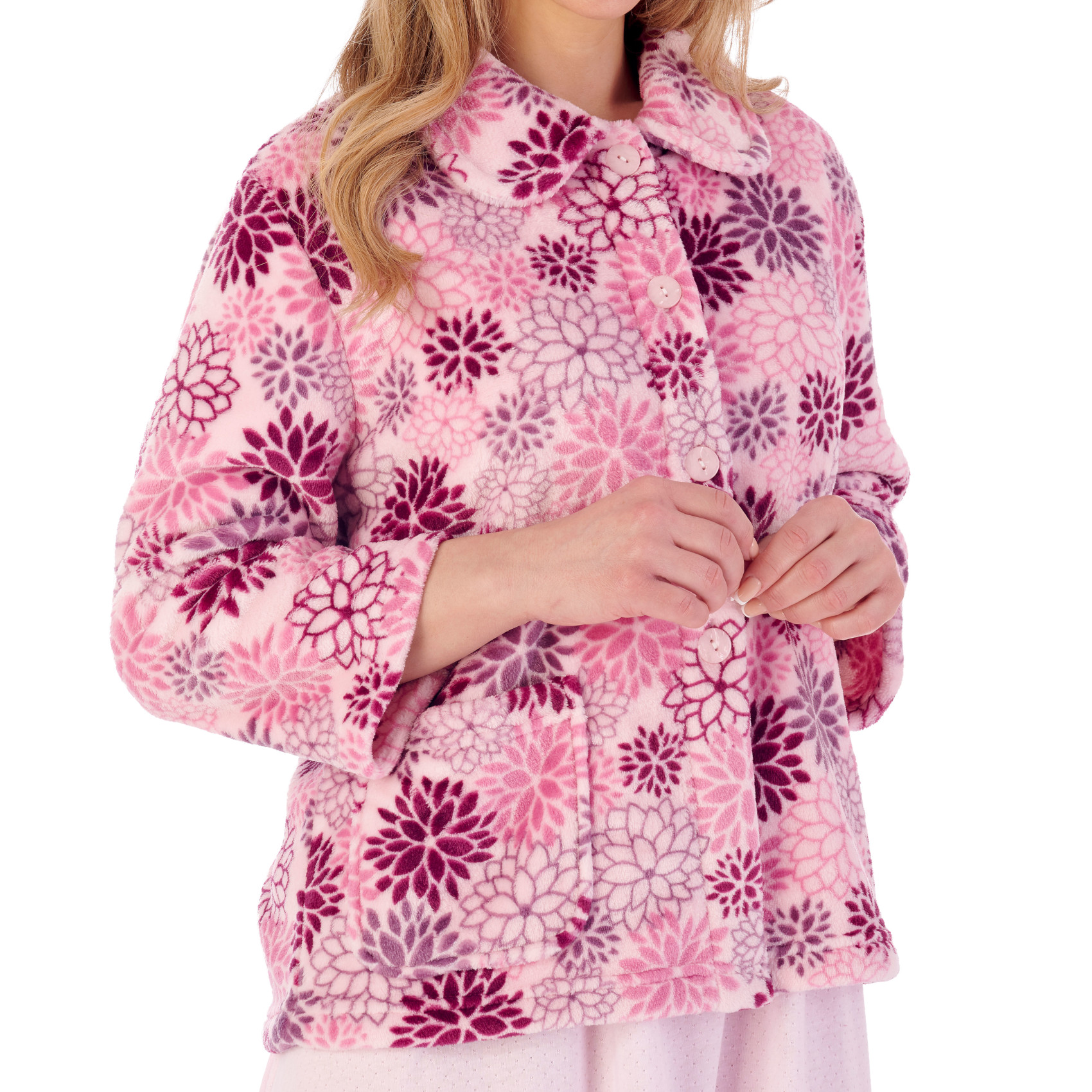 Chaqueta de cama floral audaz de franela polar con botones delanteros Slenderella para damas - Imagen 11 de 13