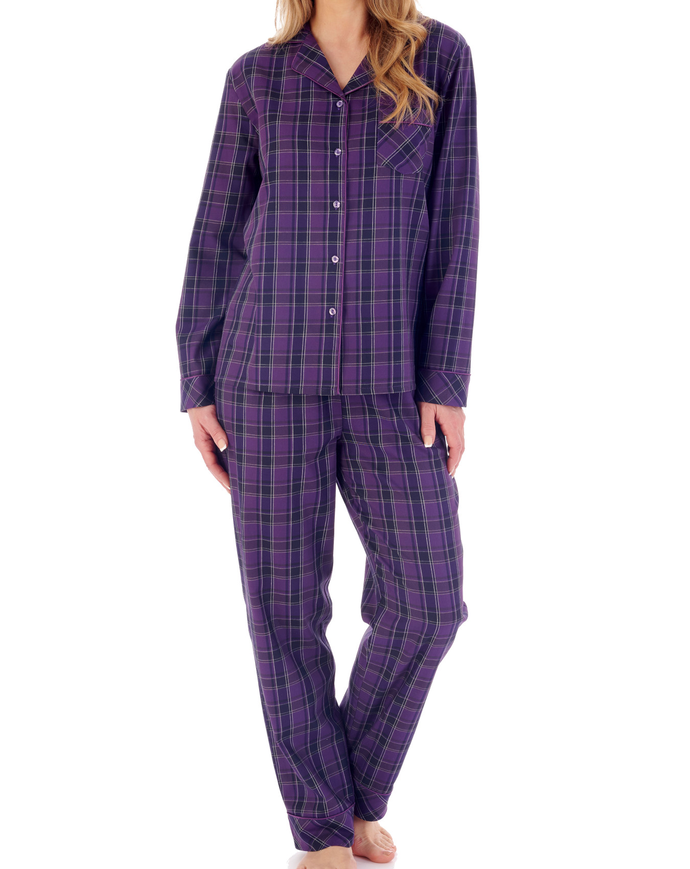Slenderella Ladies Purple Check Cotton Pyjamas Button Up Top & PJ Bottoms Set - Picture 7 of 12