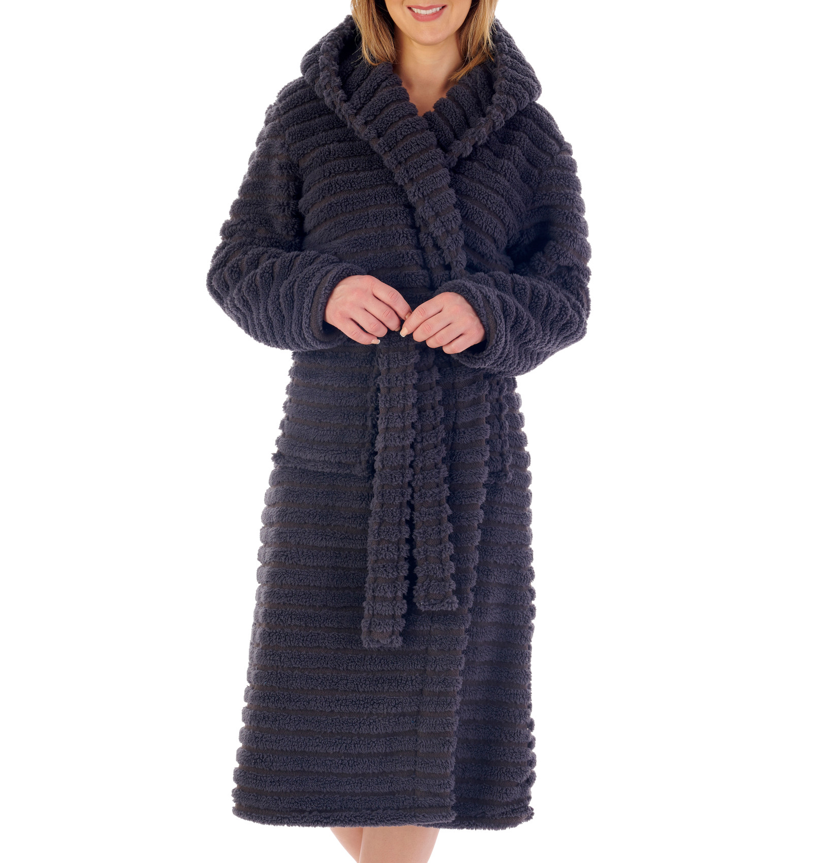 Albornoz envolvente con capucha Slenderella para mujer a rayas oso de peluche vestido polar - Imagen 14 de 46