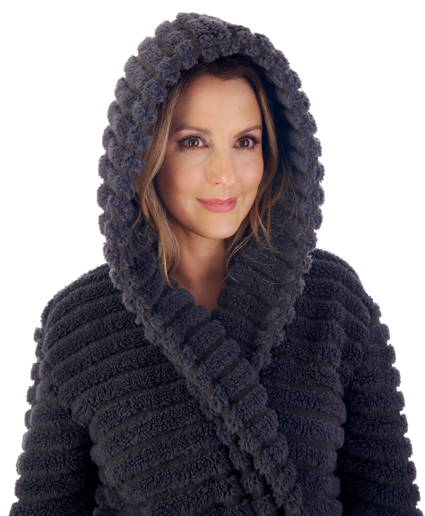 Albornoz envolvente con capucha Slenderella para mujer a rayas oso de peluche vestido polar - Imagen 15 de 46