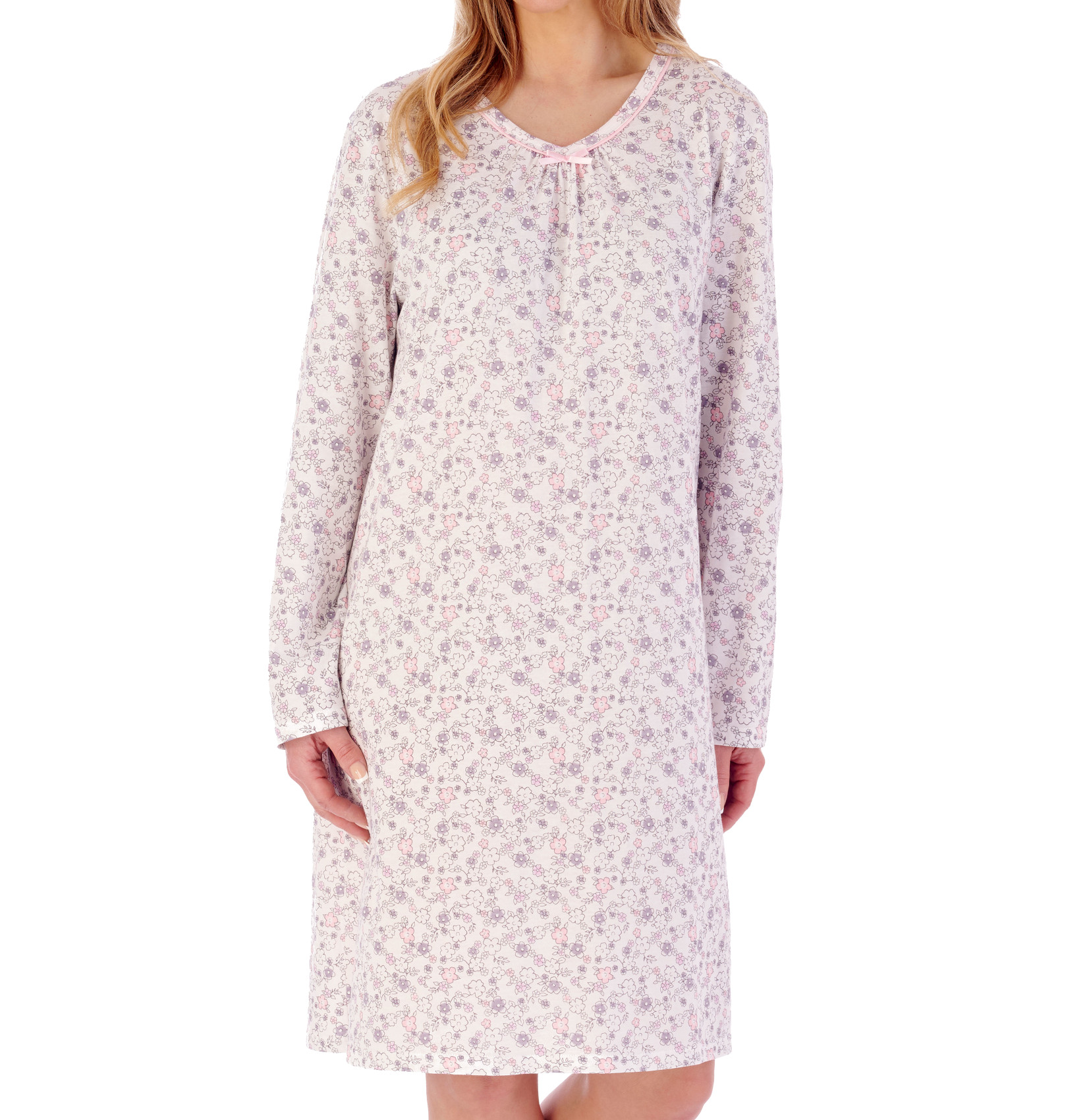 Slenderella Damen Nachthemd Ditsy Blumen Langarm Jersey Baumwolle Nachthemd - Bild 22 von 37