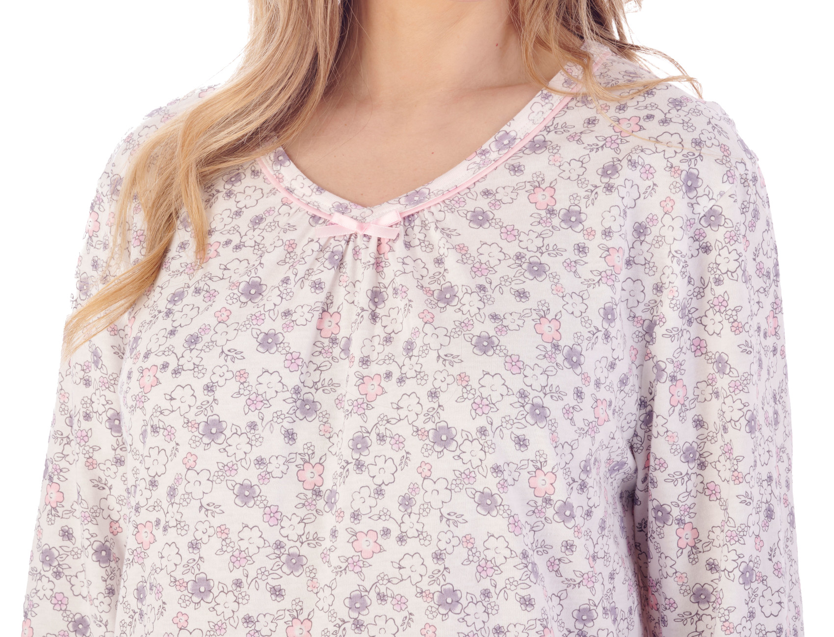 Slenderella Damen Nachthemd Ditsy Blumen Langarm Jersey Baumwolle Nachthemd - Bild 25 von 37