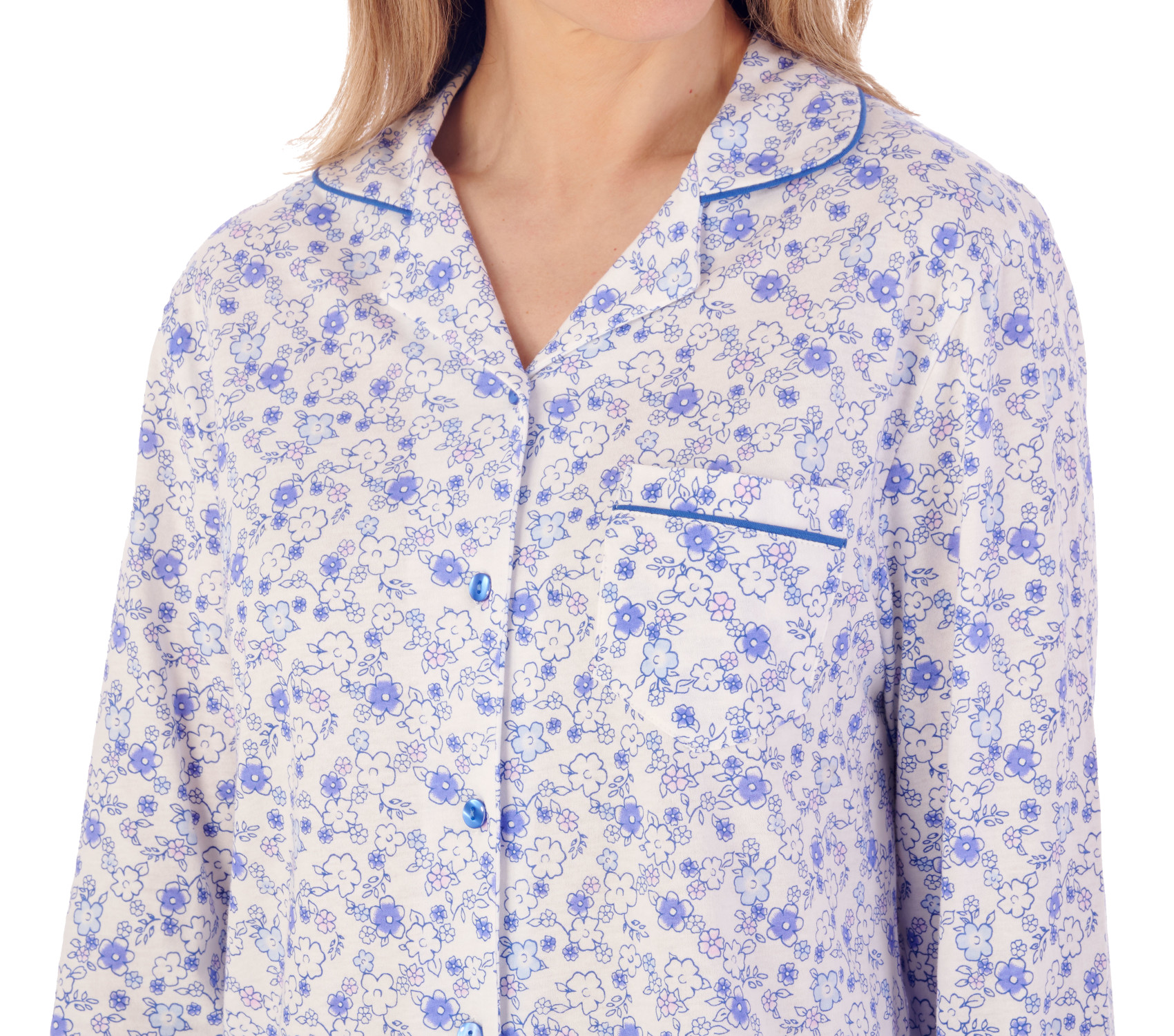Slenderella Womens Ditsy Floral Pyjamas Cotton Jersey Button Up Top & PJ Bottoms - Picture 11 of 37