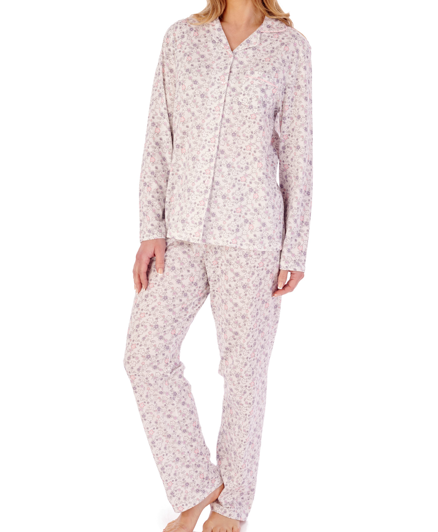 Slenderella Womens Ditsy Floral Pyjamas Cotton Jersey Button Up Top & PJ Bottoms - Picture 18 of 37